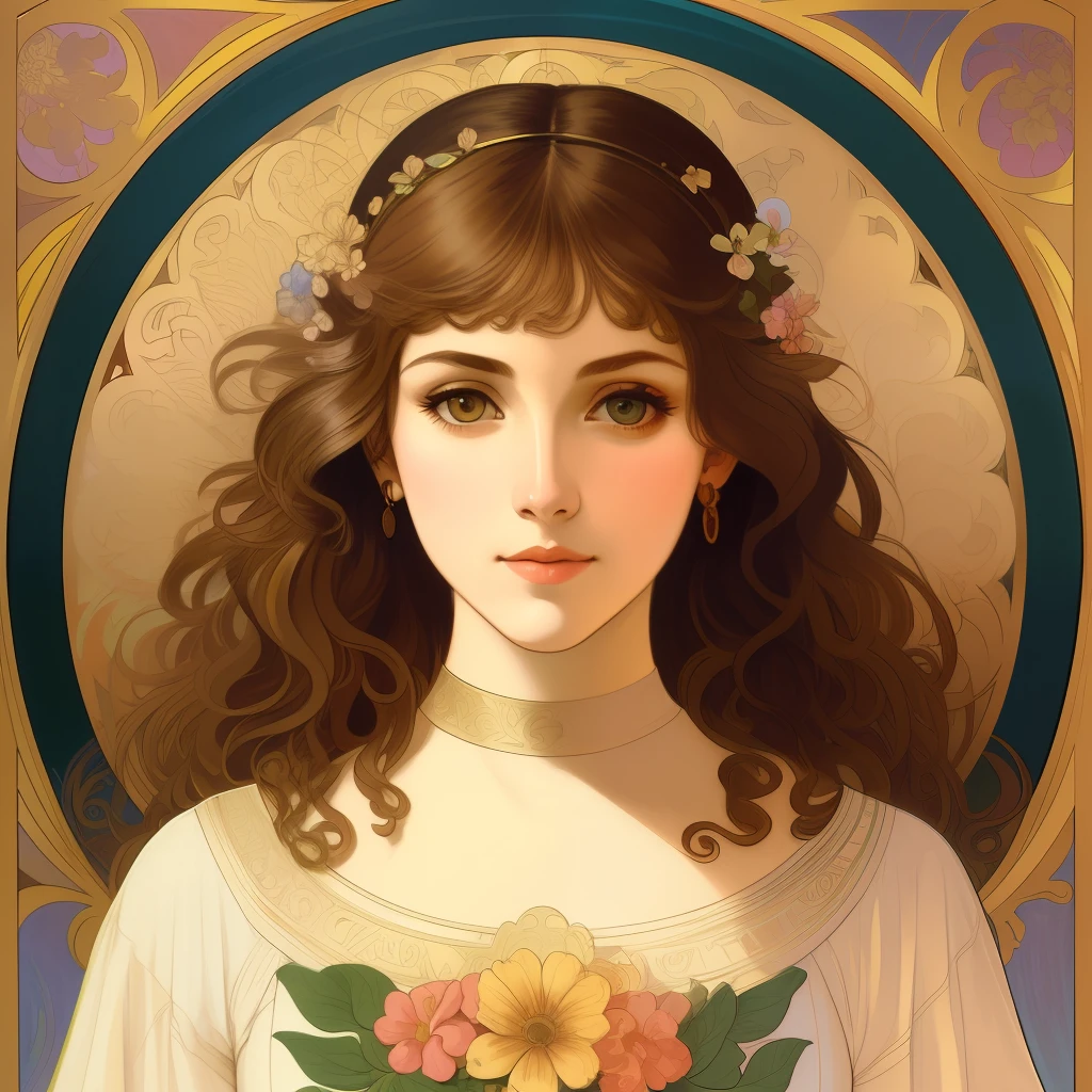 face portrait of a  European female , long curly hair, blond, floral frame, Decorative panels, abstract
artistic, by Alphonse Mucha
(Masterpiece, Best Quality, Highres:1.4), Detailed, Intricate Details, 4K, color splashes, line art,   fibonacci,