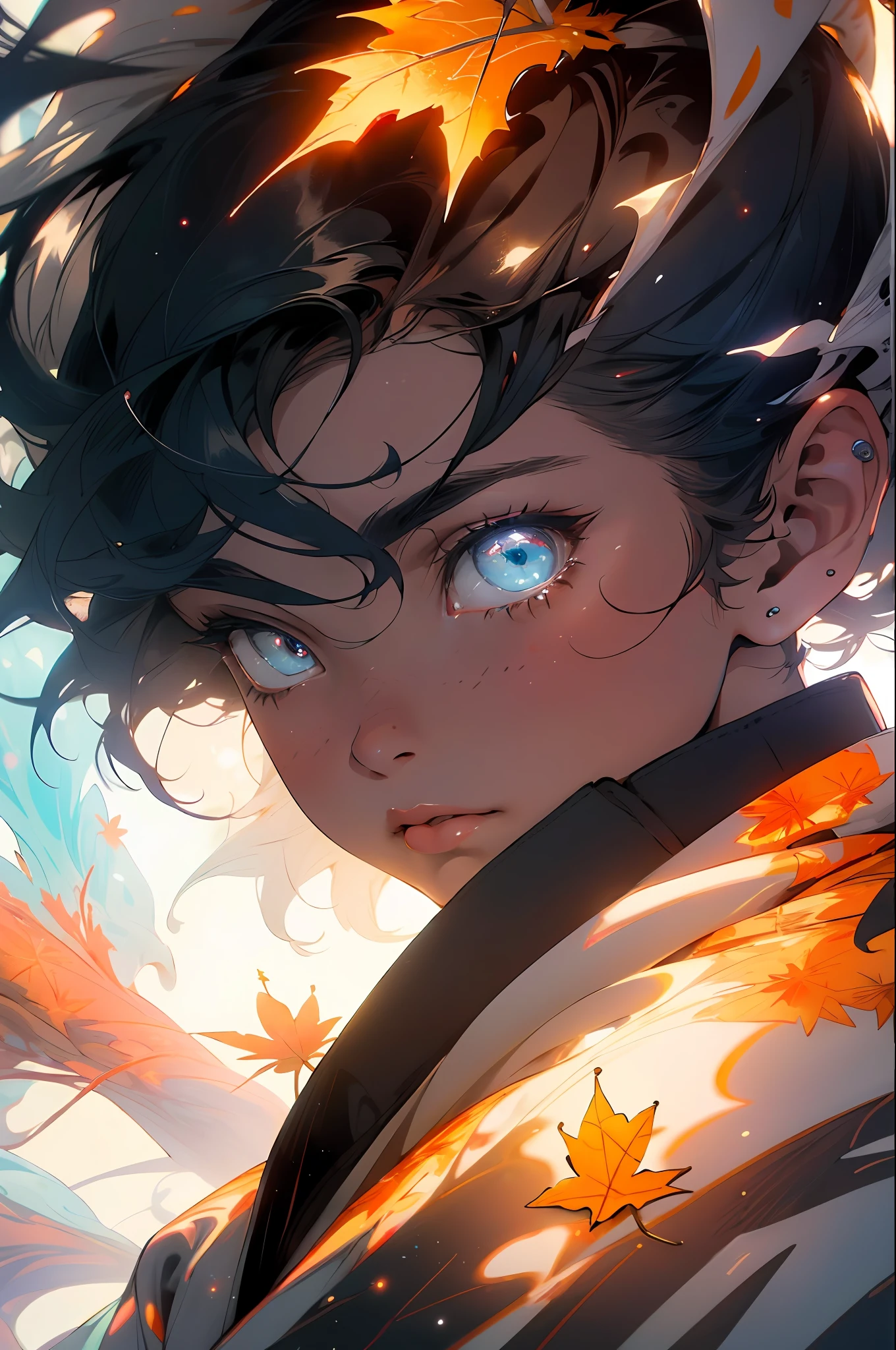 Realistic, (Masterpiece, Top Quality, Best Quality, Official Art, Beauty and Aesthetics: 1.2), Very Detailed, Fractal Art, Colorful, Most Detailed, Zentangle, (Abstract Background: 1.5) (1boy: 1.3), Gods, Black Hair, Short Hair, (Glowing Blue Eyes), Mysterious, Starry Sky, ((((Maple Leaf)))