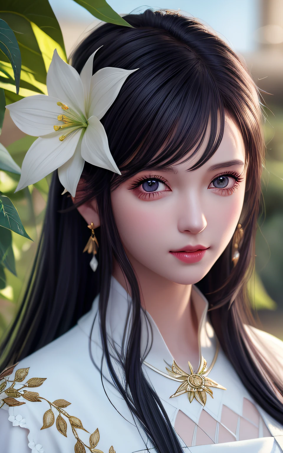 Trends on ArtStation, Trends on CGSociety, Intricate, High Detail, Sharp Focus, Dramatic, Realistic Art of Drawing by Midjourney and Greg Rutkowski, Sketch, Masterpiece, Best Quality, Very Detailed, 1girl, Half, Beautiful Meticulous Eyes, Cute Anime Face, Bust, Beautiful Meticulous Face, White Hair, (Botanical Illustration: 1.5), White Dress