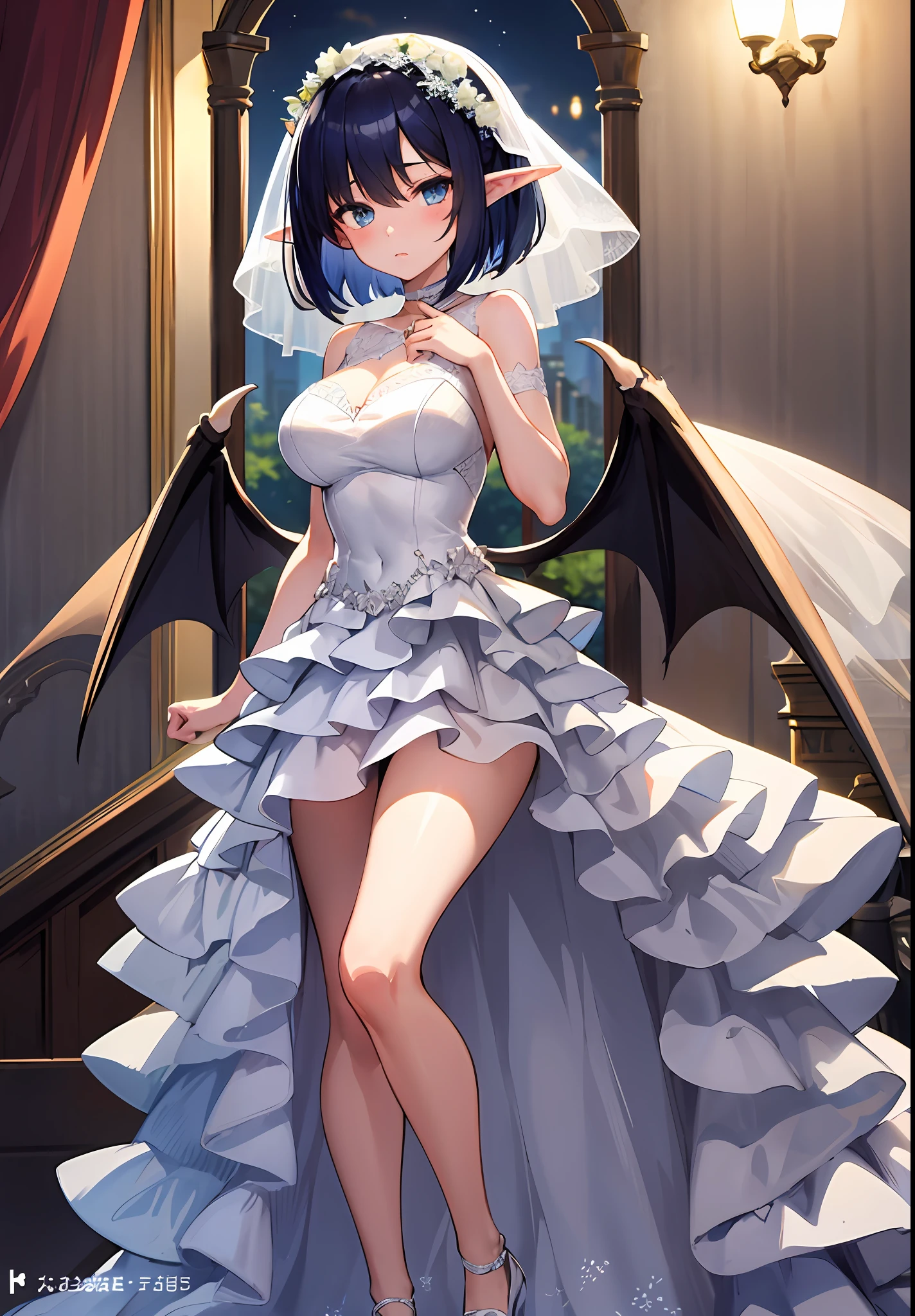 tmasterpiece，high high quality，1girl big breasts，solo，hugetits，bob-cut hair，inside room，chies，（wedding gown，Wedding dresses），（A half body：Above thighs），（hair between eye），（Hairstyles：Elf short hair），Bat wings，Disappointed face，looking looking at viewer，