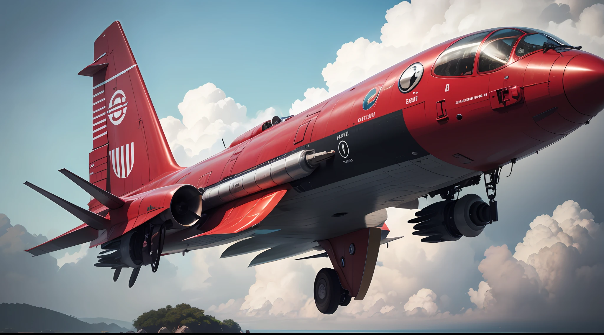 Aeronave vermelha gigante futurista equipada com armas gigantes em suas laterais e em baixo flutuando um uma nuvem com propulsores
