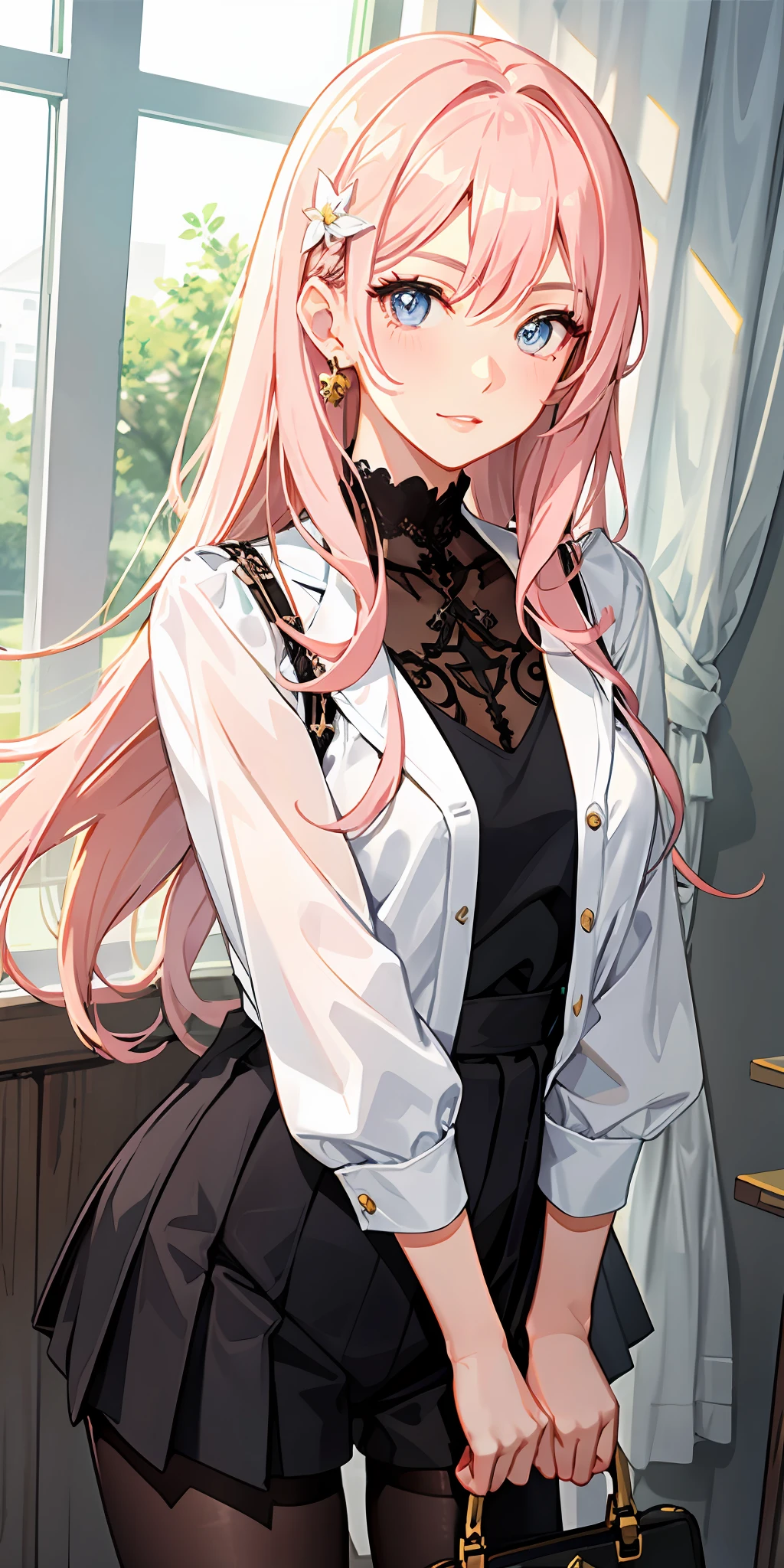 （（Wear breeches and shorts））Gray dress shirt，Kitagawa Marin，1 girl with medium breasts，（Round eyes）：1.6 small eyes, long eyelashes, pink eyeliner（lower eyelashes）Black eyelash coin_Choker pierces slender glitter nails, suffocates blush, shiny hair, straight hair（Gradient hair（golden colored：light pink：0.8）the hair） Striped hair with long hair+++Yandi Ah Gao palmed his face，Beautiful and detailed eyes are intricate：1.3（（gotik））（（frilld））， （（（hair adornments））），[hair flower]，Eyeliner lace，Cross-lace-up footwear，Pleated shirt, ribbon trim, sleeves under lashes, lashes，+++ best quailty，hoog detail，Anime coloring illustration game CG opposite++ Light lips，UC：Realistic cute anime face movie angle Girl in front monofocus dynamic pose