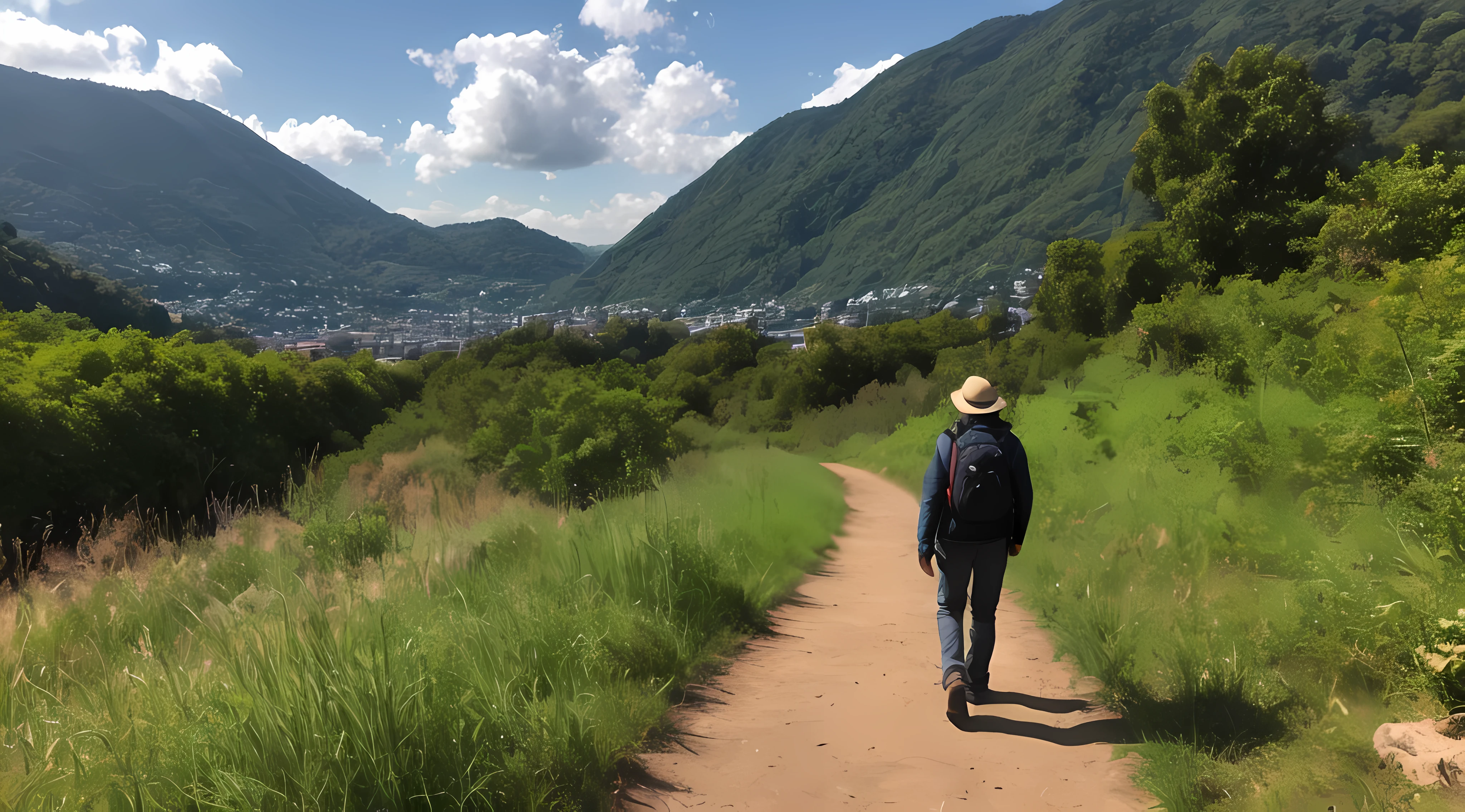 Captura la imagen de un hombre parado en la cima de una colina, Simbolizando el logro, determination, y resiliencia. El hombre debe ser representado en una pose segura y triunfante, con los brazos levantados o las manos en las caderas. El medio ambiente debe mostrar la inmensidad de la naturaleza, con colinas onduladas, Mountains, or a scenic landscape as the backdrop. Use a wide-angle lens to capture the expansive view and create a sense of depth and scale. natural lighting, como la hora dorada o la luz solar suave, It must illuminate the scene and project a warm glow on man and his surroundings..... The composition should convey a sense of awe, inspiration, y crecimiento personal, highlighting the man's journey to reach this point of success.