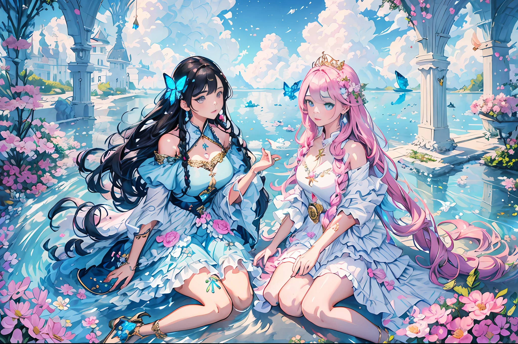 (twogirls:2.0)，Angels and dream demons：2.0，heterochromatic pupils，Wings，super detailing, Dramaticlight, intriciate detail, very best quality, Tulle floral dress，silk stockingsa，Sock rings，(beautiful  detailed face, beautiful detailed eyes), highcontrast, (best illuminate, Extremely refined and beautiful),(Kizi:1.5), , tmasterpiece, (((Perfect quality) )), , (((highly details))), (perfect  eyes), glowing light eyes, slicked, A high resolution, Ultra image quality, glarelight, Irridescent color, globalillumination, True hair exercise，realistic raytraicing，realistic shaded，Perfect quality，detailed shadow and light，Peerless beauty，Realistic details，Rich in detail，Color gradient，Tattoo of the lower abdomen，8K，The artwork，A masterpiece，feathered，​​clouds，florals，mature femal，Elegant hairpin spiral coiled hair，Blue-tailed butterfly cheongsam，Delicate earrings，Bright starlight，Flushing on the face，A large number of ghosts appear，Crystal Crown，Crystal heels，Crystal necklace,（++Sea of blue pink clouds：1.9++0)，hair braids，Jewel-like golden eyes，disconsolate，Exquisite and gorgeous dresses，Sense of brokenness，blossoms，HighestQuality，tmasterpiece，A masterpiece，extreme hight detail，Peerless beauty，8K, Yes，Gorgeous light and shadows，Messy hair，sophisticated haircut，Delicate portrayal of facial features，Delicate hair portrayal，（Original Drawing），（Watercolor blending：1.1），flowy，White yarn，Eau，foamy，Sea of blue pink clouds,（Complete hands：2），