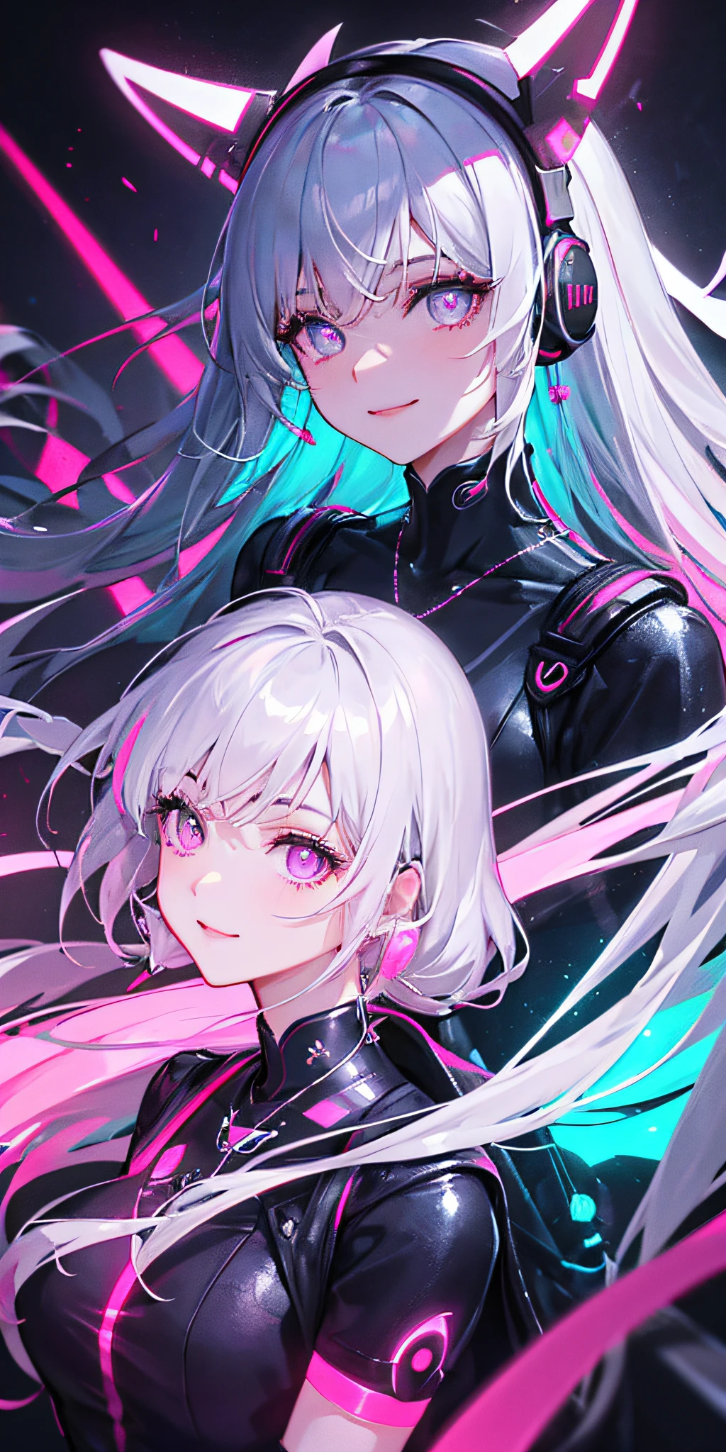 1 girl, Chinese_clothes, liquid silver and pink, cyberhan, cheongsam, cyberpunk city, dynamic pose, glowing headphones, glowing hair accessories, long hair, glowing earrings, glowing necklace, cyberpunk, high-tech city, full of mechanical and futuristic elements, futuristic, technology, glowing neon, pink, pink light, transparent tulle, transparent streamers, laser, digital background urban sky, big moon, with vehicles, best quality, masterpiece, 8K, character edge light, Super high detail, high quality, the most beautiful woman in human beings, smiling slightly, face facing forward and symmetrical left and right, ear decoration, beautiful pupil light effects, visual data, silver-white hair, glowing watch, deep eyes, happy