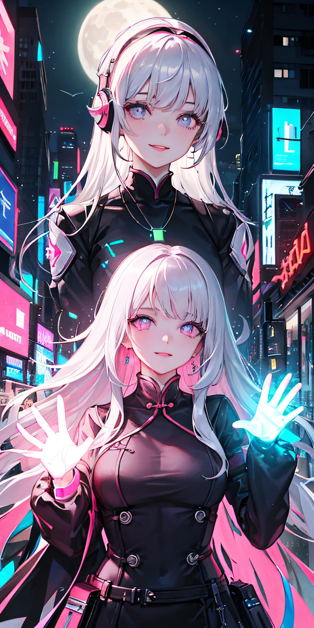 1 girl, Chinese_clothes, liquid silver and pink, cyberhan, cheongsam, cyberpunk city, dynamic pose, glowing headphones, glowing hair accessories, long hair, glowing earrings, glowing necklace, cyberpunk, high-tech city, full of mechanical and futuristic elements, futuristic, technology, glowing neon, pink, pink light, transparent tulle, transparent streamers, laser, digital background urban sky, big moon, with vehicles, best quality, masterpiece, 8K, character edge light, Super high detail, high quality, the most beautiful woman in human beings, smiling slightly, face facing forward and symmetrical left and right, ear decoration, beautiful pupil light effects, visual data, silver-white hair, glowing watch, deep eyes, happy