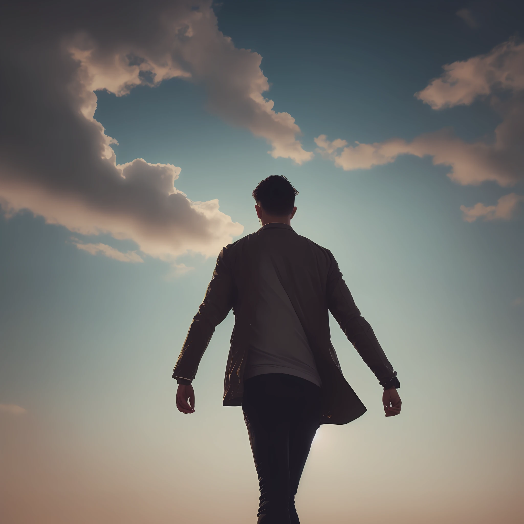 There was a man floating on a cloud and a man flying in the sky, cinematic outfit photo,, in sunny weather, casual photography, In the sky, cinematic style photograph, Wear trendy clothes,Wear AJ1,The camera is focused on the protagonist from top to bottom,Under the misty clouds lies the looming neon city