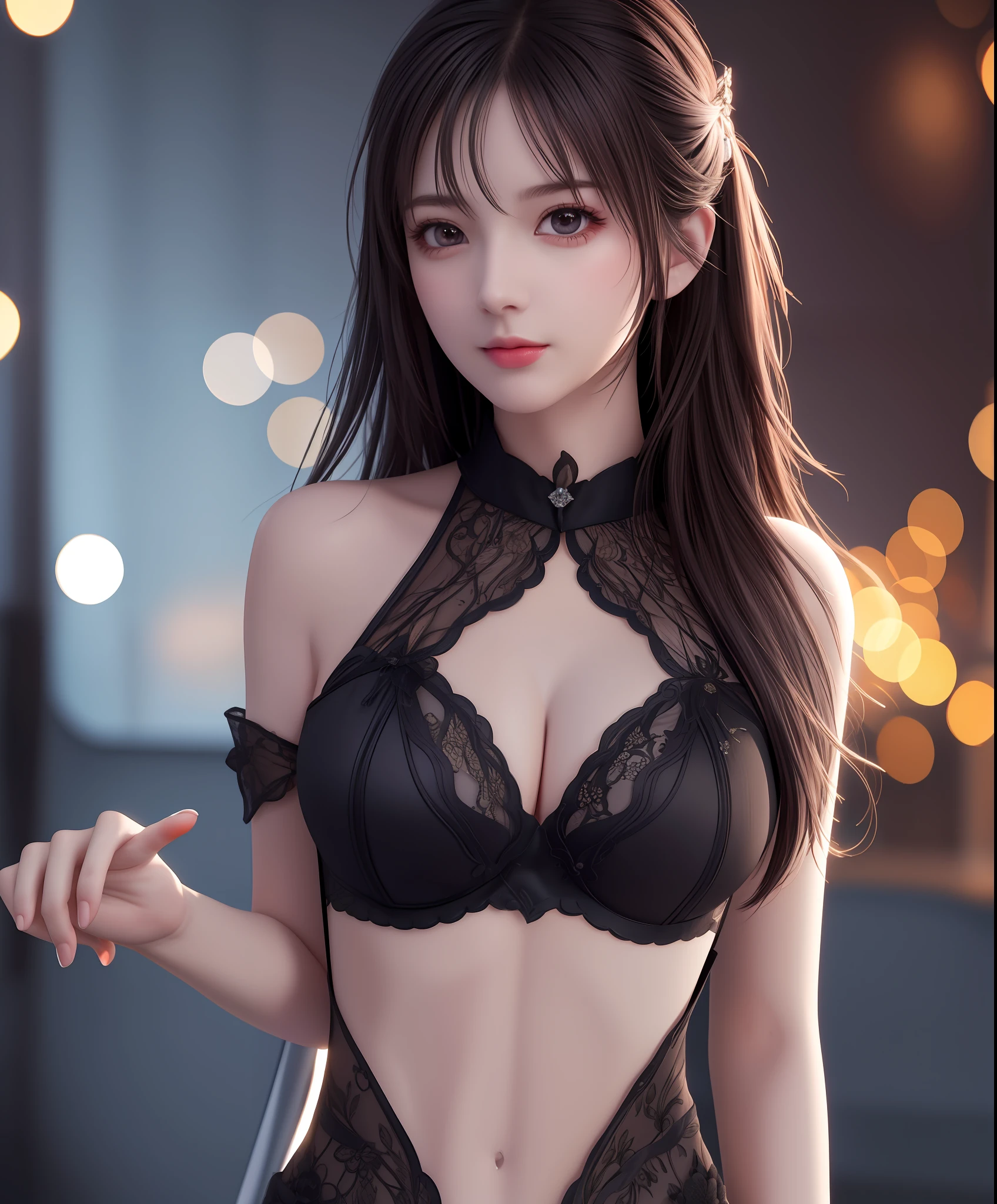 Best Quality, Masterpiece, High Resolution, 1Girl, Big Breasts, Sexy, Full Body, Beautiful Face, Physical, Tyndall Effect, Realistic, Dark Studio, Edge Lighting, Two-tone Lighting, (High Detail Skin: 1.2), 8K UHD, DSLR, Soft Light, High Quality, Volumetric Light, Voy Shot, Photo, High Resolution, 4K, 8K, Background Bokeh,
