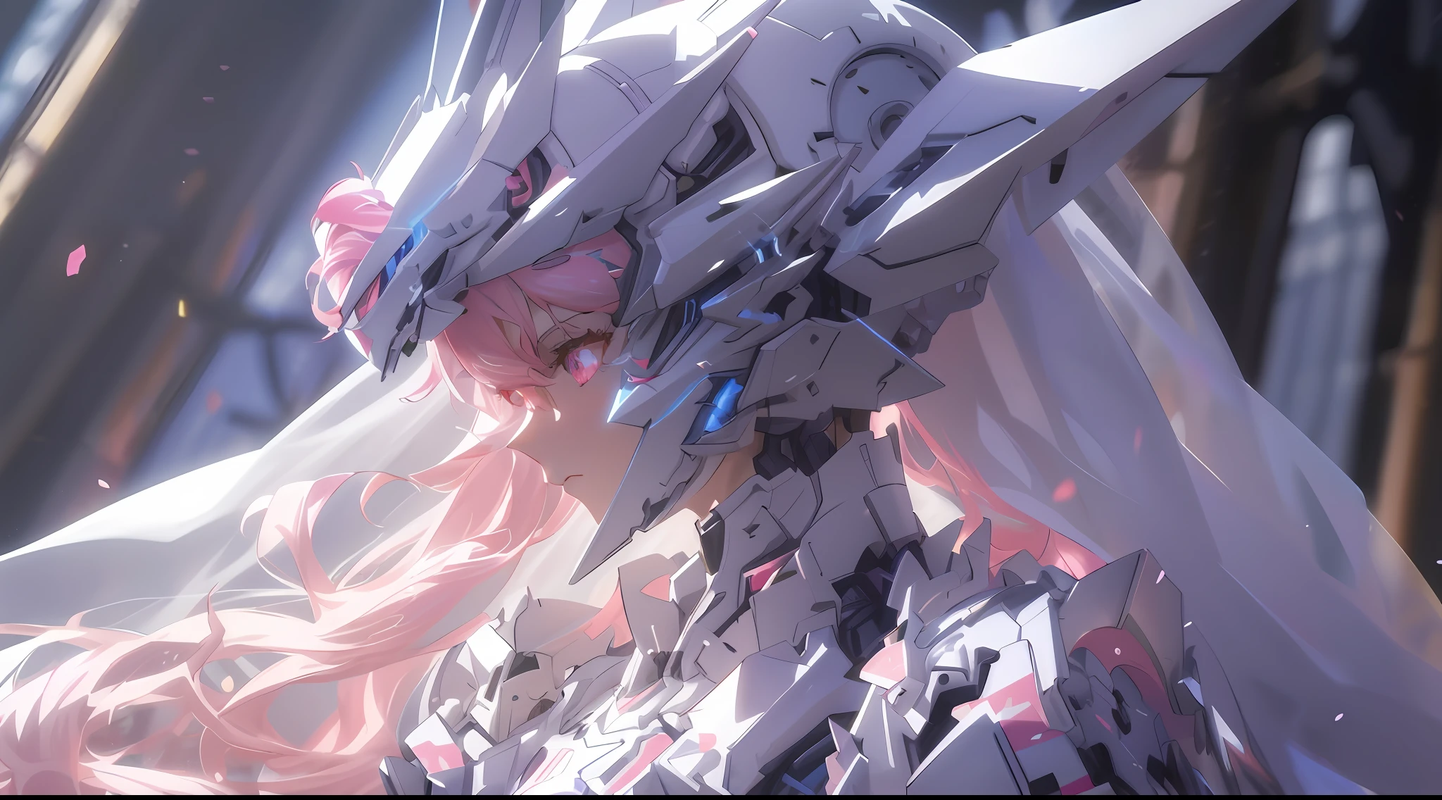 anime - style girl with long pink hair and a white dress, detailed digital anime art, wlop and krenz cushart, anime mecha aesthetic, best anime 4k konachan wallpaper, highly detailed anime, ethereal and mecha theme, from arknights, guweiz, anime robotic mixed with organic, 8k high quality detailed art, detailed anime art