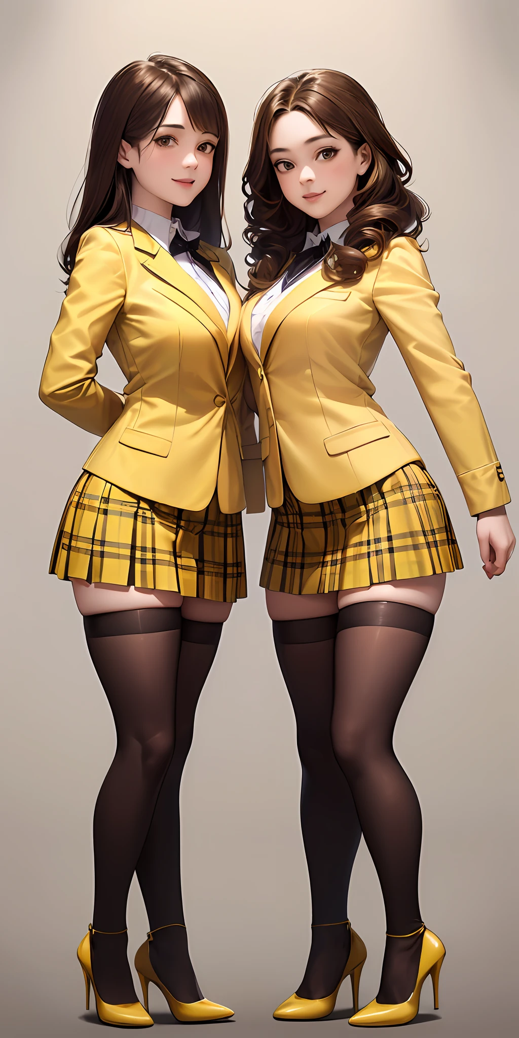 ((Masterpiece, highres)), 2girls, duo, twins, ((one brown haired girl, one blonde girl)), long hair, curly hair, matching hairstyles, different hair color, confident, elegant, proud smiles, (((matching outfits, identical outfits, yellow school uniforms, sexy school uniforms, yellow blazer, yellow short skirt, white thighhighs, black high heels)))