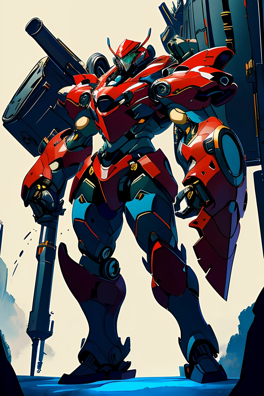 Wearing a mecha suit、A huge prosthetic hand grows from his back、One man flying in the sky concept art、
ink art、flat colour、highly contrast、stylish、cannons、Particle cannon、Mechanical shield、armor
absurdity、beste-Qualit、negative space、