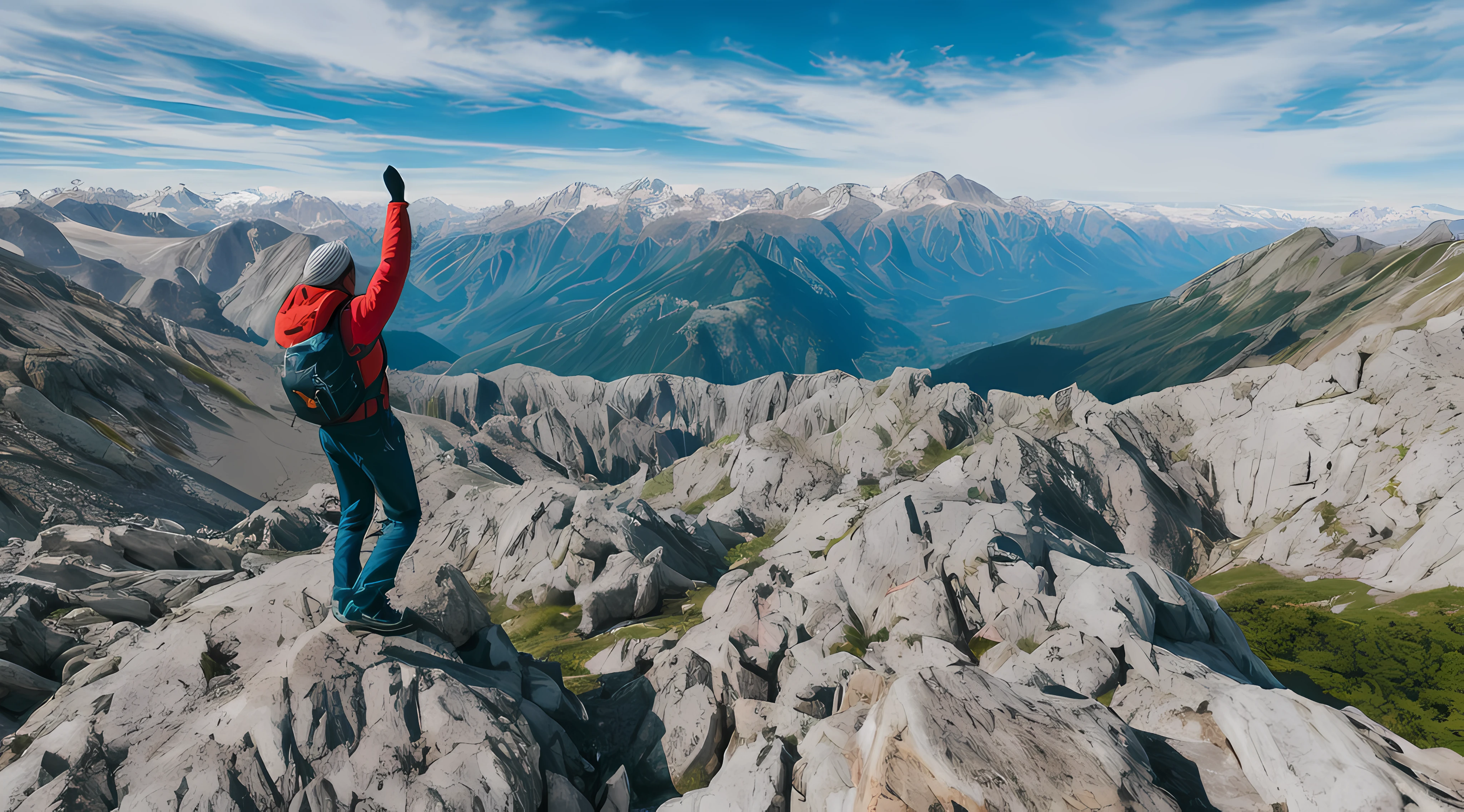 Capture the powerful image of a person triumphantly scaling the summit of a hill, symbolizing resilience, determination, and success. The climber should be depicted in a dynamic pose, with one hand reaching upwards towards the sky, showcasing their triumphant moment. The environment should be rugged and challenging, with steep slopes, rocky terrain, and a breathtaking view of the surrounding landscape. Use a medium shot to emphasize the climber's determination and the grandeur of the landscape. Natural lighting, such as the warm glow of sunrise or the golden hour, should enhance the atmosphere and highlight the climber's perseverance. The composition should evoke a sense of awe and inspiration, capturing the exhilaration of conquering the hill's summit.