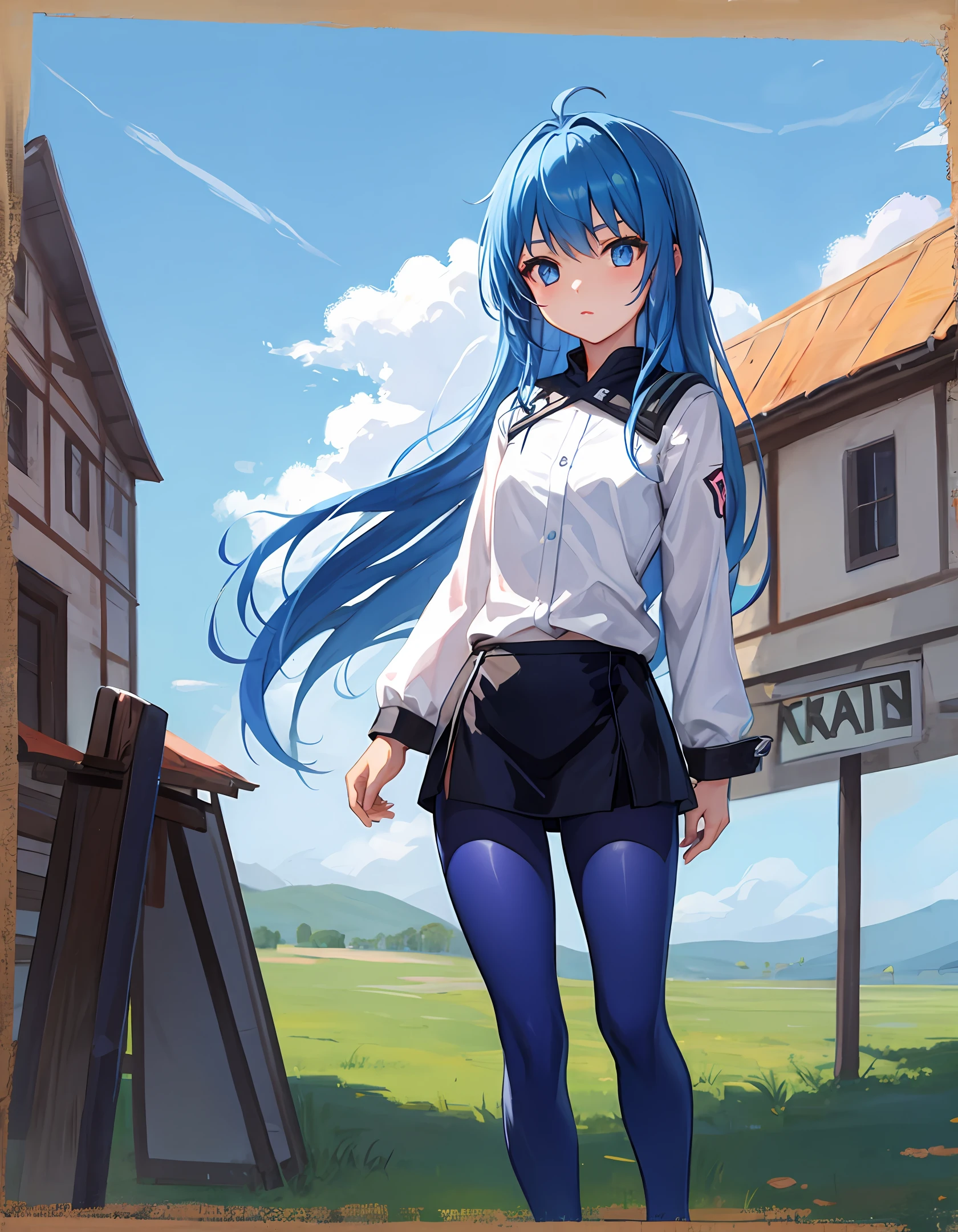 Girl body type,Blue hair and blond eyes,Two-dimensional painting style,Blue tights on the steppe