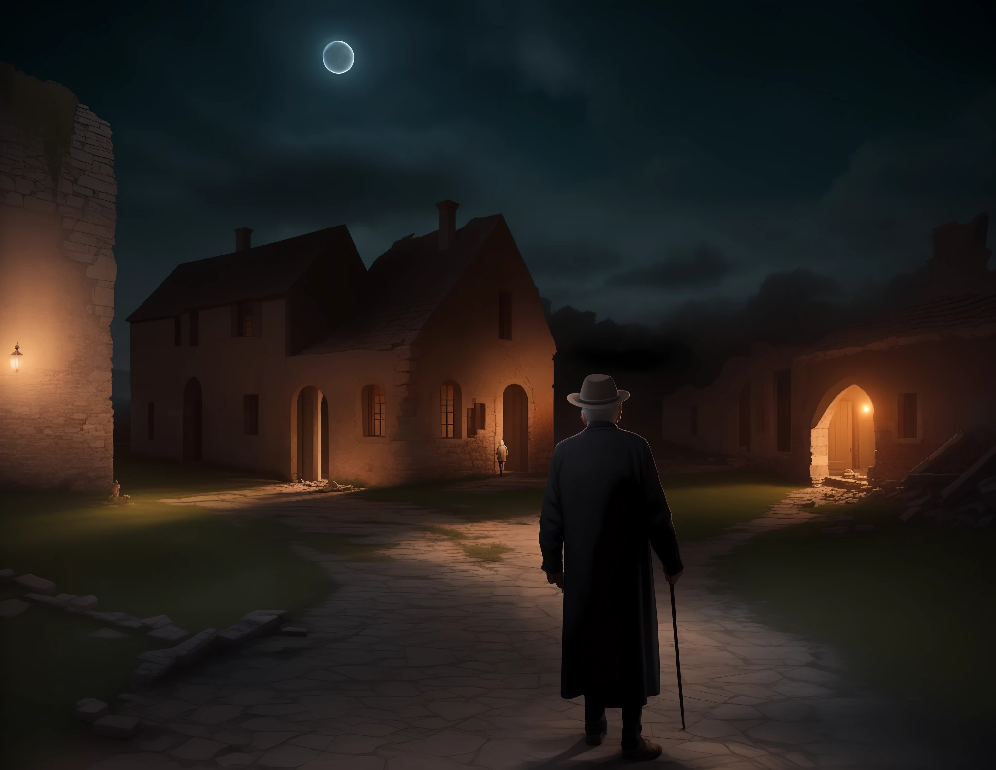 Elderly man exploring the ruins of a medieval village on a dark night, Surrealism, 8k, super detail