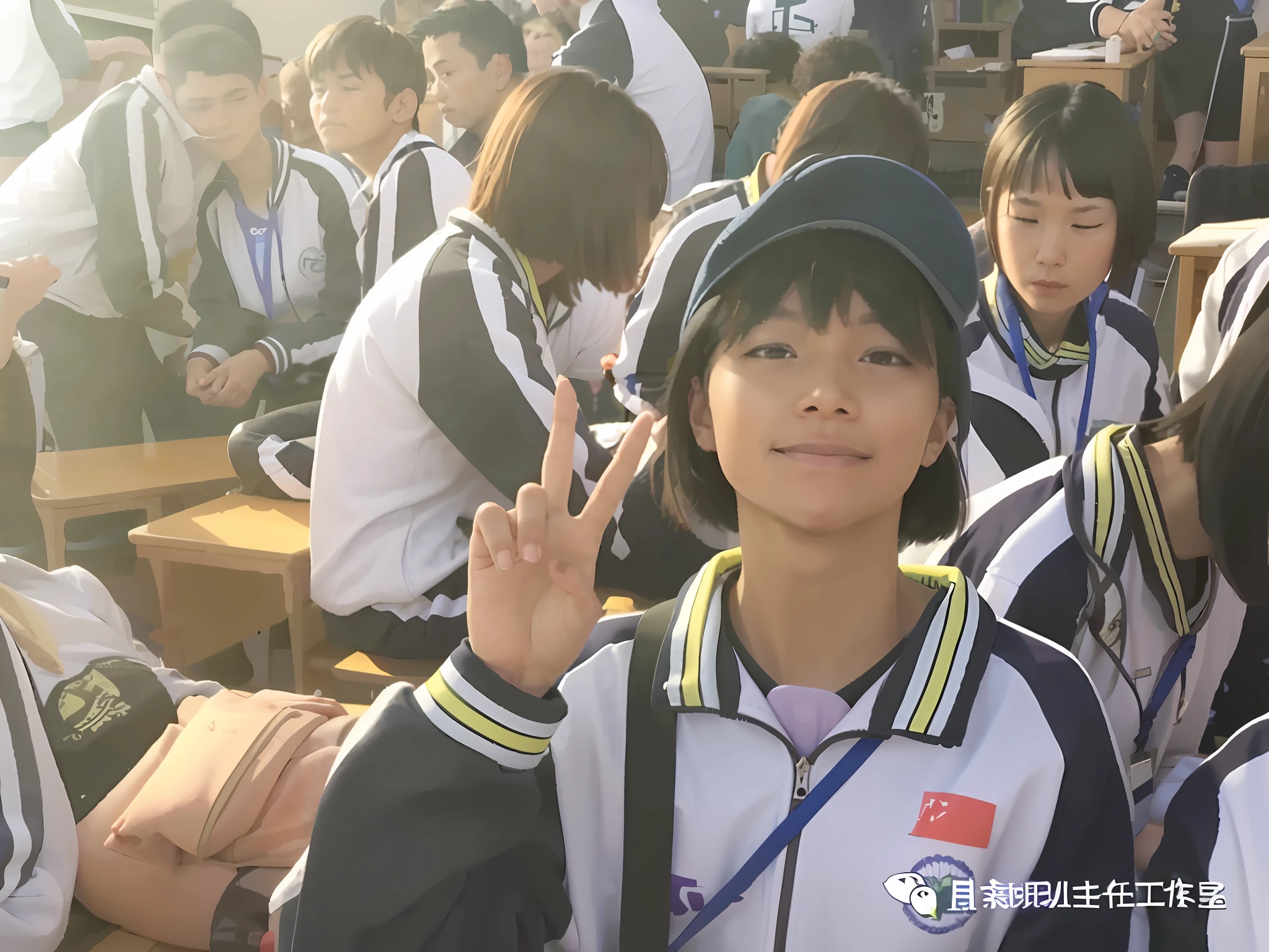there are many people that are standing together in the school, wearing track and field suit,profile picture 1024px, very slightly smiling, photo of Girl, in school uniform