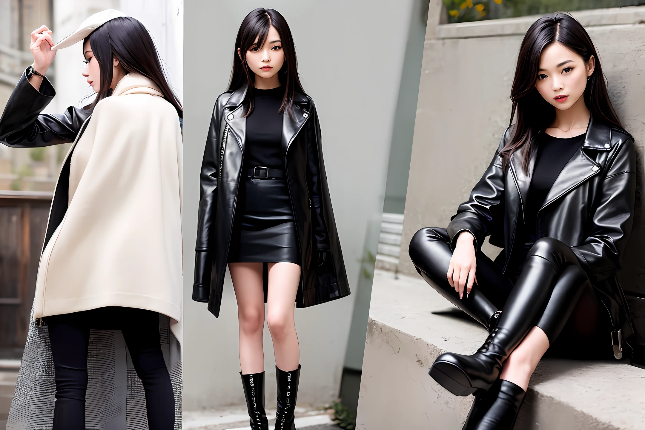 Black silk high-heeled boots, leather coat, black long hair realistic