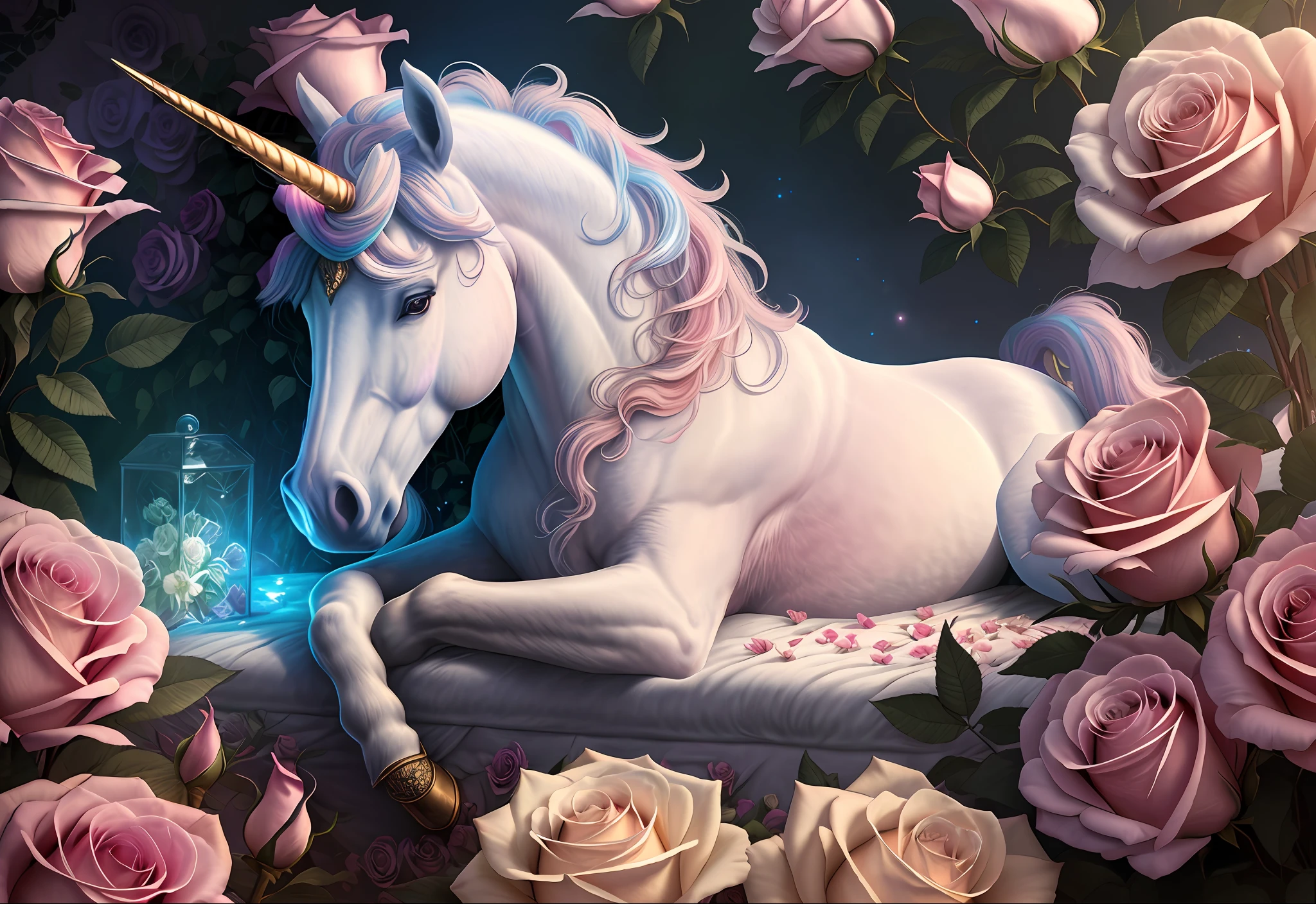 Insanely detailed photograph of a beautiful unicorn laying down on roses and flowers, (solo), masterpiece, fantastical, ethereal, hyperdetailed, 8k resolution, dynamic lighting, hyperdetailed, intricately detailed, volumetric lighting