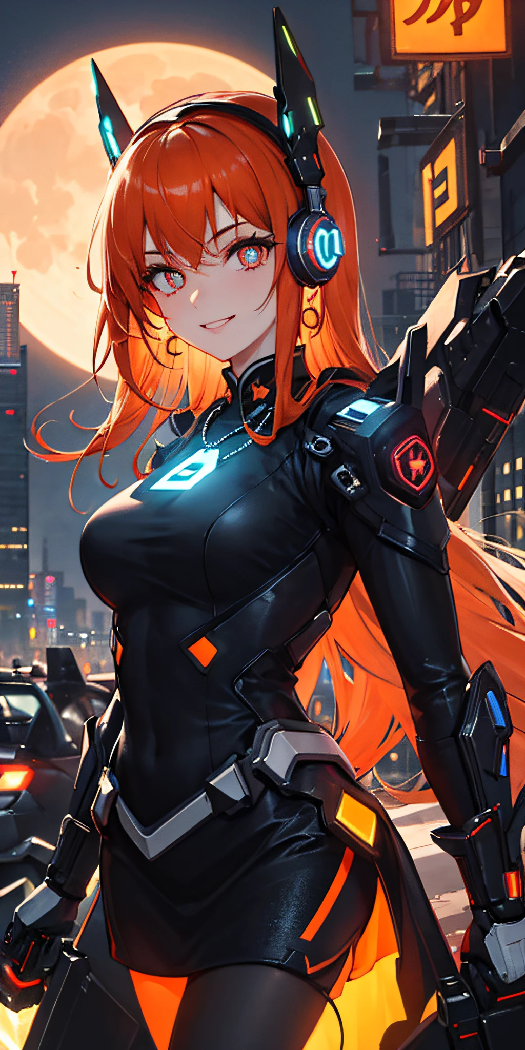 1 Girl, Chinese_clothes, metallic black titanium and orange, cyberhan, cheongsam, cyberpunk city, dynamic pose, detail luminous headphones, glowing hair accessories, long hair, glowing earrings, glowing necklace, cyberpunk, high-tech city, full of mechanical and futuristic elements, futuristic, technology, glowing neon, orange, orange light, sexy skirt, translucent black cape, laser light, digital background city sky, big moon, with vehicle, best quality, masterpiece, 8K, character edge light, super high detail, high quality, the most beautiful woman in human beings, smile, happy, face facing front left and right symmetry, ear decoration, beautiful pupils, light effects, visual data, black and orange hair dye, super detail facial texture, happy and proud, weapon system, crowded street passers-by, mecha style