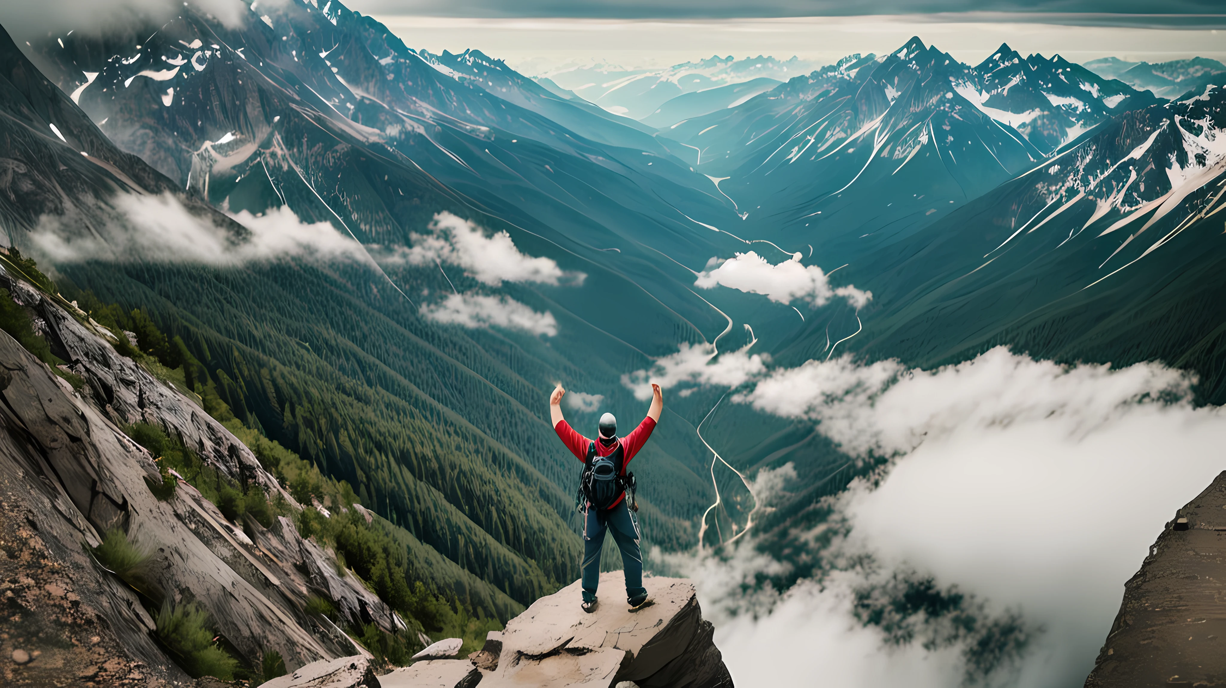 Capture the powerful image of a person triumphantly scaling the summit of a hill, symbolizing resilience, determination, and success. The climber should be depicted in a dynamic pose, with one hand reaching upwards towards the sky, showcasing their triumphant moment. The environment should be rugged and challenging, with steep slopes, rocky terrain, and a breathtaking view of the surrounding landscape. Use a medium shot to emphasize the climber's determination and the grandeur of the landscape. Natural lighting, such as the warm glow of sunrise or the golden hour, should enhance the atmosphere and highlight the climber's perseverance. The composition should evoke a sense of awe and inspiration, capturing the exhilaration of conquering the hill's summit.