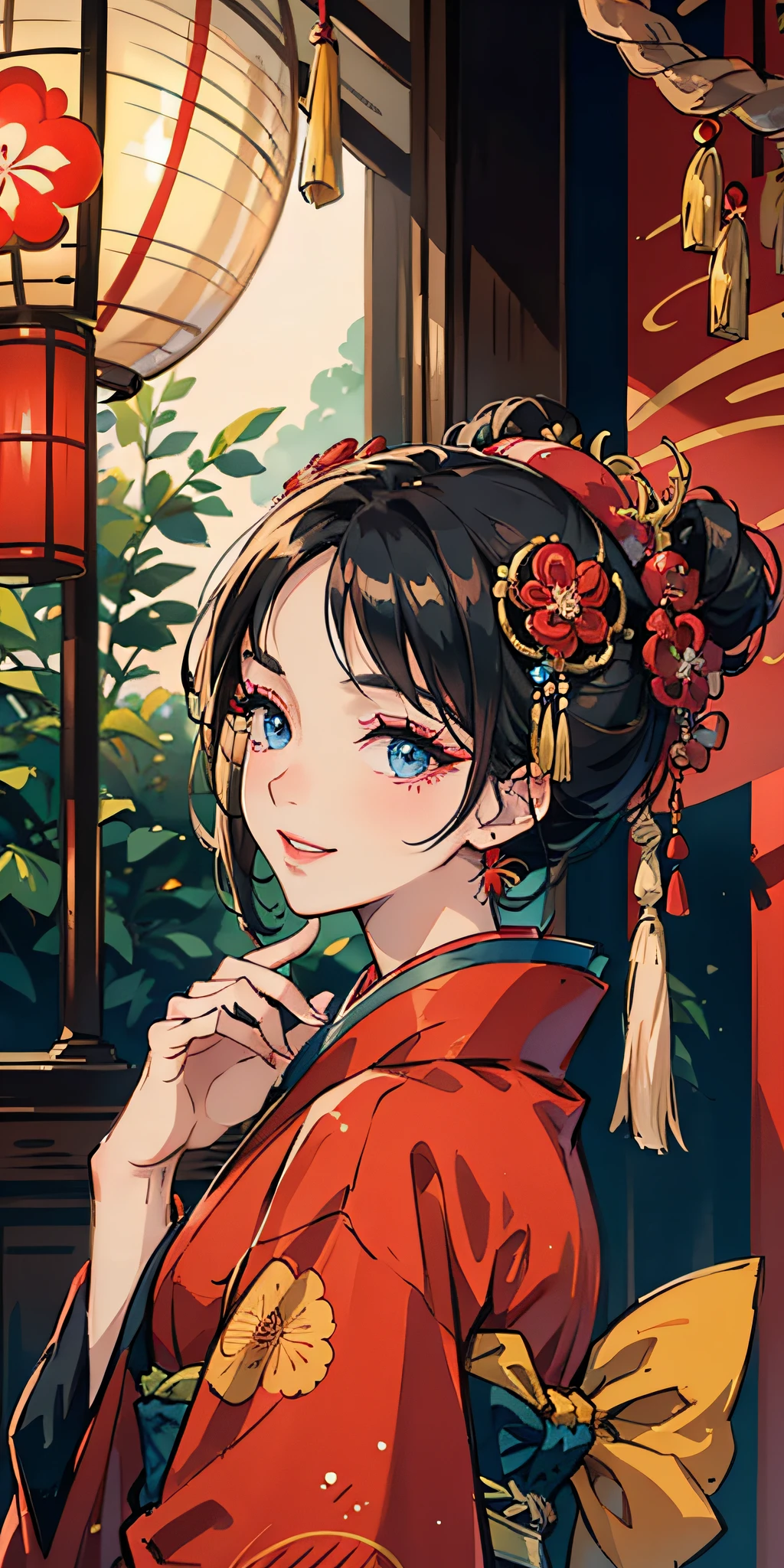 1girl, solo, looking at viewer, smile, blue eyes, black hair, hair ornament, upper body, japanese clothes, kimono, from side, lips, makeup, tassel, rope, eyeshadow, red kimono, shimenawa, kanzashi, --auto