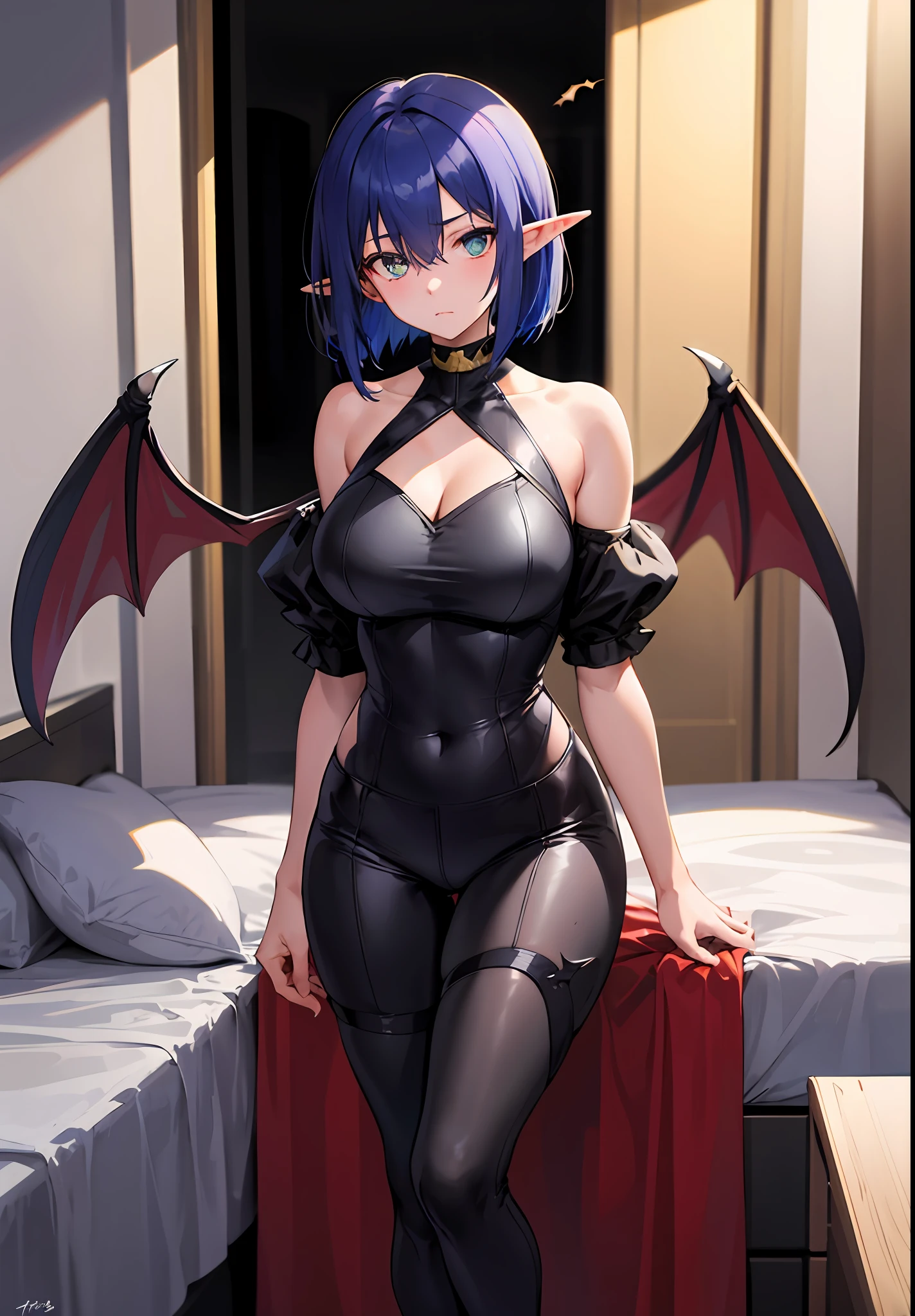 tmasterpiece,high high quality,1girl big breasts,solo,hugetits,bob-cut hair,inside room,(A half body:Above thighs),(hair between eye),(Hairstyles:Elf short hair),Bat wings,Disappointed face,looking looking at viewer,(Stocking jumpsuit)