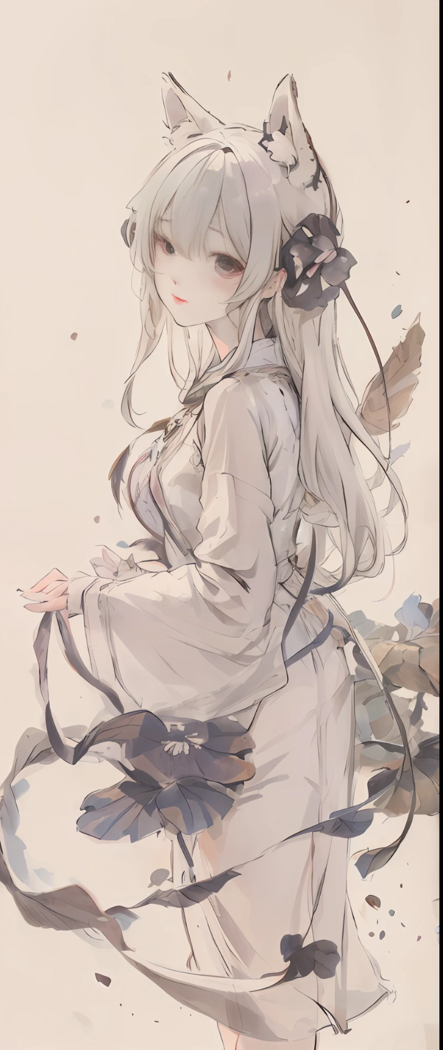 anime character with cat ears and tail in a white dress, Guweiz in Pixiv ArtStation, Guweiz on ArtStation Pixiv, white-haired god, Guviz, trending on artstation pixiv, Beautiful anime artwork, Anime girl with long hair, Anime goddess, Guviz-style artwork, by Yang J, author：Zeng Jing