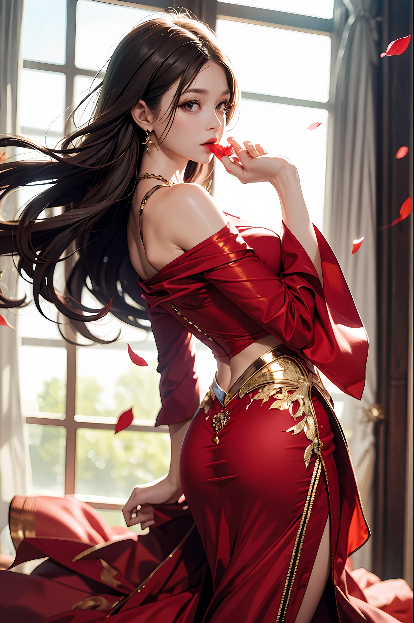 Need,tmasterpiece,A high resolution,(Delicate figure:1.5),Absolutely beautiful,(Milky skin:1.3),exquisitedetails,A high resolution,Wallpapers,1female,独奏,shift dresses,hair adornments,(((Golden and red dress)) ), florals, length hair, brown haired, Keep one's mouth shut, trinkets, manga comprida, Raise Hand, Wide sleeves, Big eyes, Fluttering，whaite hair, natural poses, falling flower petals, inside room, Fanning,lanterns，16K，HDR，A high resolution，depth of fields，（filmgrain：1.1），Bocoon，prime time，（lens flare glow），Vignette，rainbowing，（Color：1.5），barepubic hair