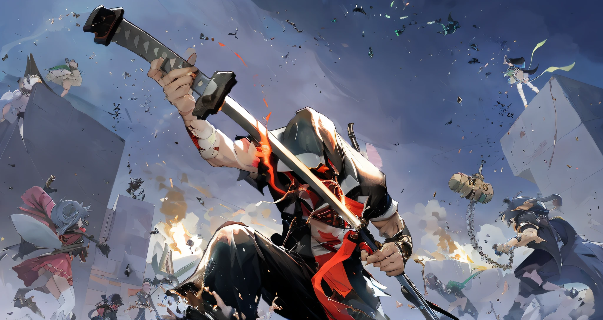 Anime characters,Holding a sword in hand,Surrounded by other characters, cushart kenz, Guilty Gear strives to splash art, cushart, krenz cushart and artem demura, Badass anime 8 K, wielding kunai, epic graphic novel wallpaper, greg rutkowski and krenz cushart, Katana Zero video game character