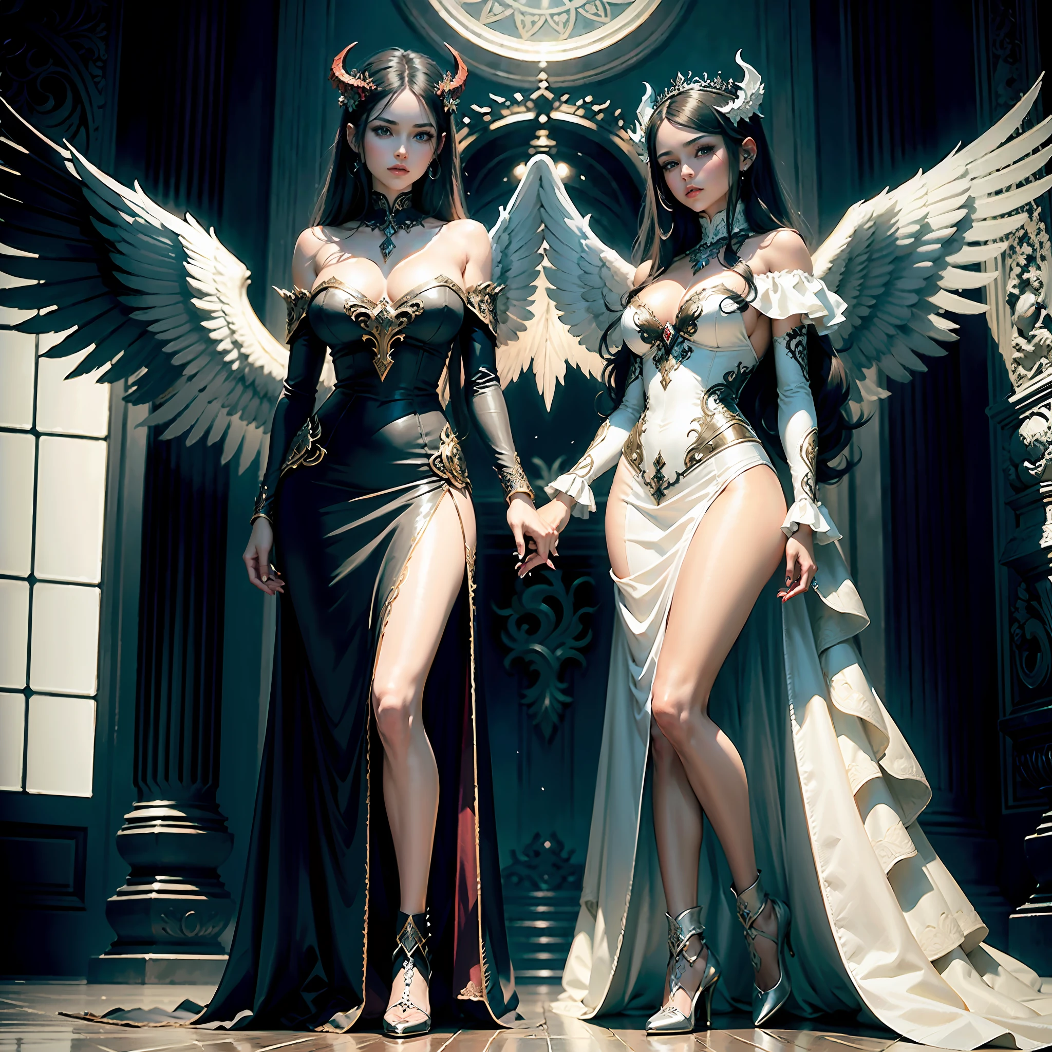 gothic art, dark fantasy art, [[a picture of 2 women]] a female angel (Masterpiece, 1.3, intricate details), wearing dress, pale skin, best details beautiful face (Masterpiece, 1.3, best details), blond hair, long hair wavy hair (Masterpiece, 1.3, intricate details), blue eyes, wearing red dress (Masterpiece: 1.3, best details), high heeled boots, (Masterpiece, 1.3, intricate details), large angelic wings, white angelic wings spread [AND] a female demon (Masterpiece, 1.3, best details), demon, red skin (Masterpiece, 1.4, intricate details), demonic wings, black demonic wings spread, demonic horns (Masterpiece, 1.3), red skin (Masterpiece, 1.4), black hair, red eyes, best details beautiful face (Masterpiece, 1.3, intricate details), wearing white dress (Masterpiece: 1.3, intricate details), high heeled boots, moon, stars, clouds, god rays, silhouette, dynamic angle, photorealism, panoramic view (Masterpiece 1.3, intense details) , Wide-Angle, Ultra-Wide angle