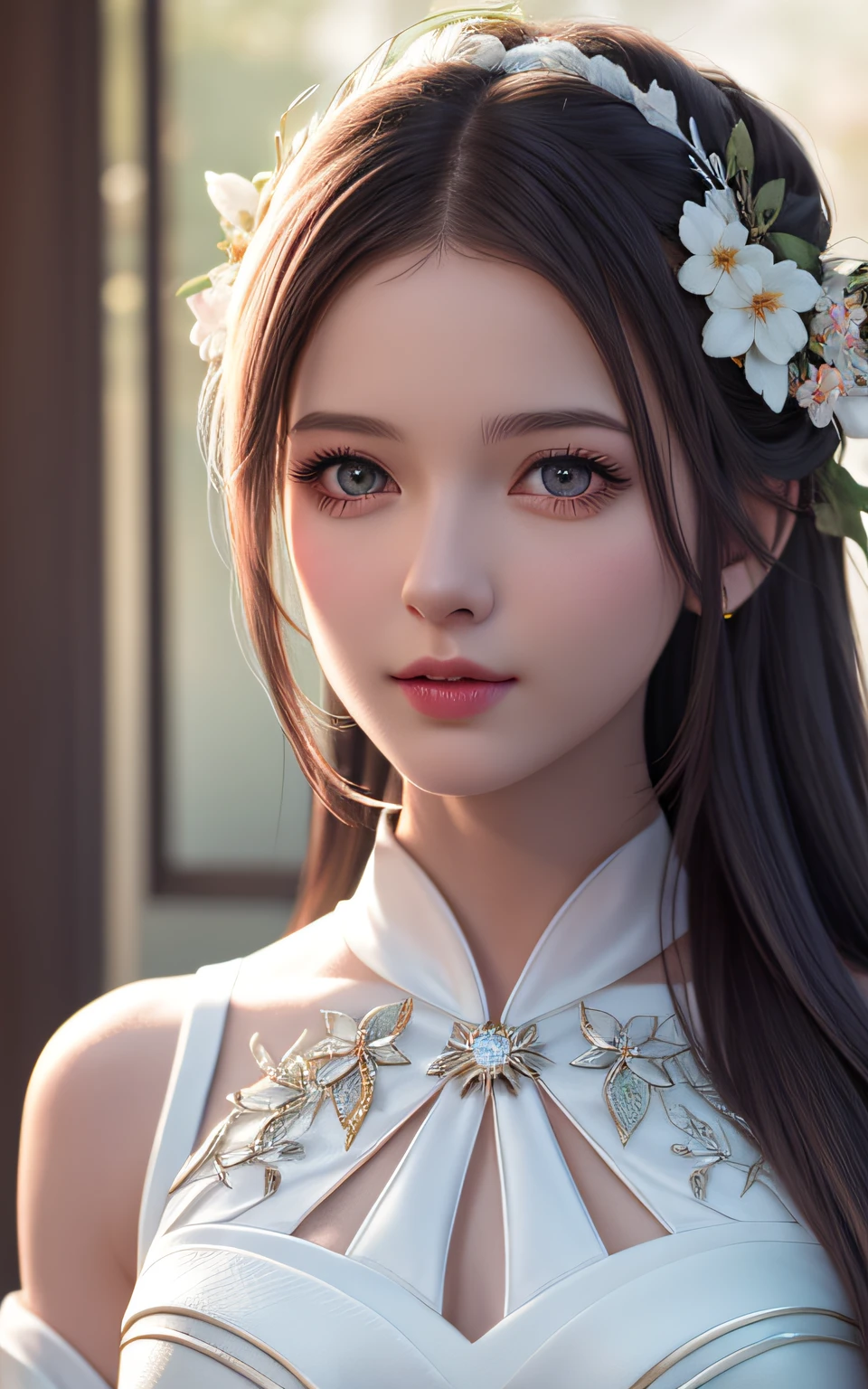 Trends on ArtStation, Trends on CGSociety, Intricate, High Detail, Sharp Focus, Dramatic, Realistic Art of Drawing by Midjourney and Greg Rutkowski, Sketch, Masterpiece, Best Quality, Very Detailed, 1girl, Half, Beautiful Meticulous Eyes, Cute Anime Face, Bust, Beautiful Meticulous Face, White Hair, (Botanical Illustration: 1.5), White Dress