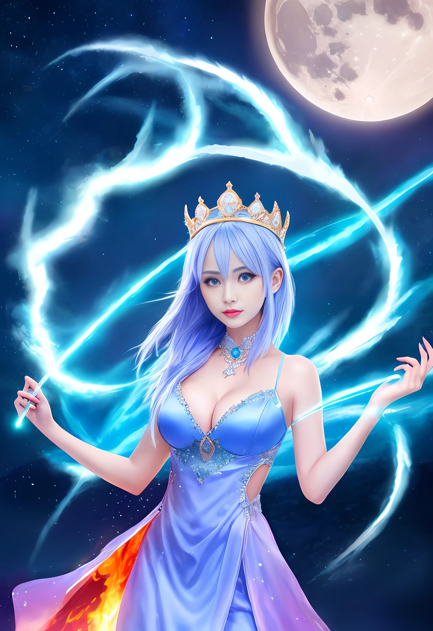 the night，（（1个Giant Breast Girl）），Solitude，tmasterpiece，8k wallpaper，A high resolution，hoang lap，High quality background，bob-cut hair，hair of Multi-colors，Beautiful frozen village，（moon full），a blue dress，Detailed dress，Jewelry skirts，（magia：1.2），Blue flame，blue color eyes，glowing light eyes，firey，Ice Goddess，（Blue delicate and beautiful crown），eletric，Blue electricity，Blue light particles