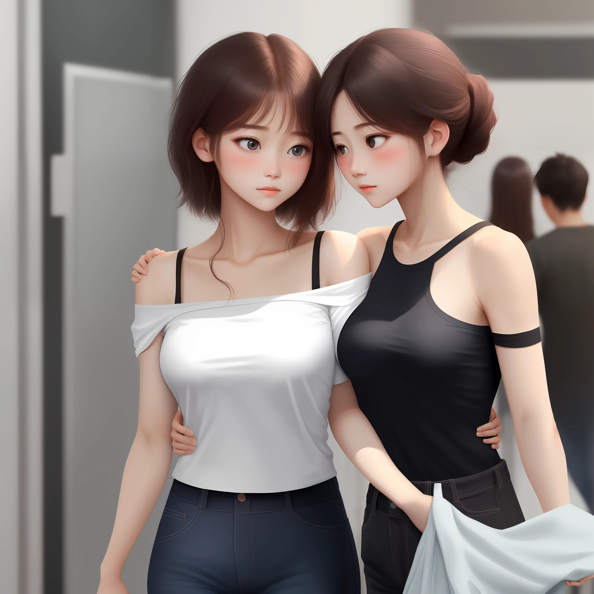 (Plain girl,amazed,blushing slightly),(shylily,Hold your chest tight),shyness,Feel a pressure,The male body has changed,The girl wears a half-open white shirt,One shoulder hangs over your arm,Hair up to shoulder length。