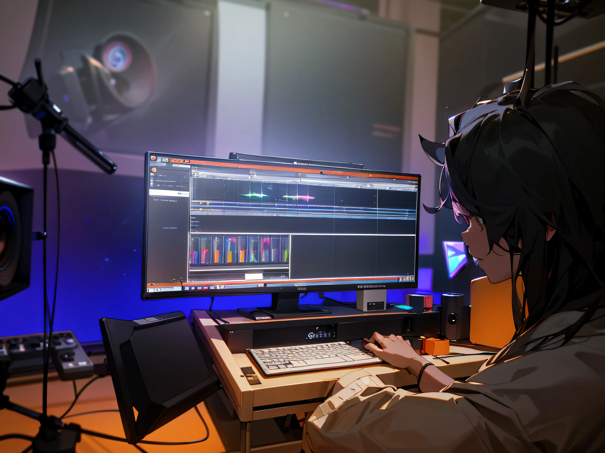 There was a man sitting at his desk,Hold laptop and monitor, 8k post production, 8 k post production, postproduction, Studio recording, postproduction, postproduction, blend, 8K post-production, 8 k post production, in the background, In a studio, studio orange, synthetic, studio picture, postproduction