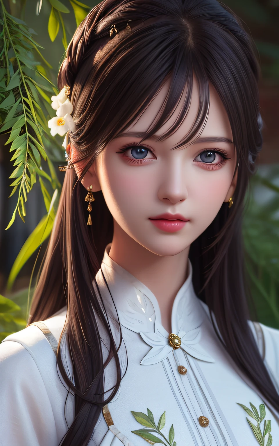 Trends on ArtStation, Trends on CGSociety, Intricate, High Detail, Sharp Focus, Dramatic, Realistic Art of Drawing by Midjourney and Greg Rutkowski, Sketch, Masterpiece, Best Quality, Very Detailed, 1girl, Half, Beautiful Meticulous Eyes, Cute Anime Face, Bust, Beautiful Meticulous Face, White Hair, (Botanical Illustration: 1.5), White Dress