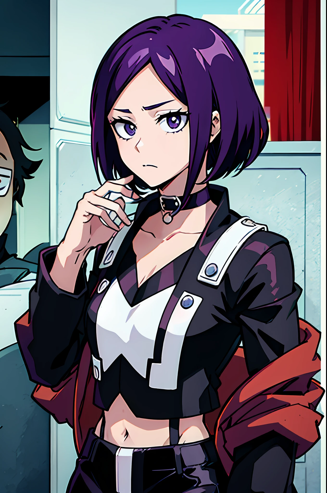 1girl, purple eyes and dark purple hair, bob cut, medium length haircut, black leather jacket, long red-colored shirt with several rips at the collar and hem, black pants, black choker, (bleach and boku no hero academia style), (illustrated by Kohei Horikoshi and Tite Kubo), (style mixing), Kyoka Jiro, Rukia Kuchiki, (character mixing)