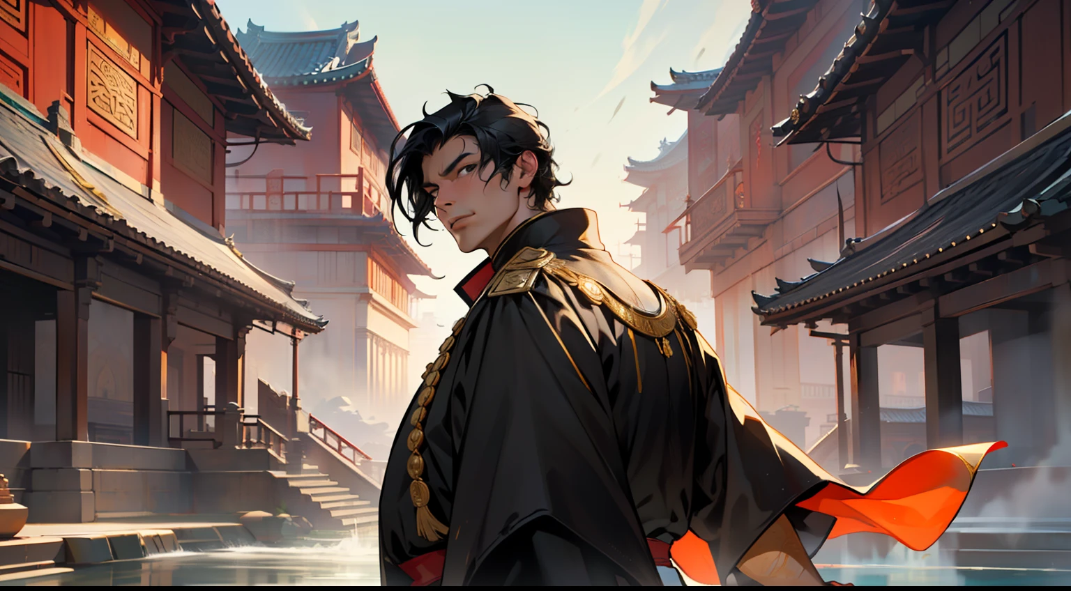 12. (The boy, with (((Black hair))), dressed in a black coat, his kingly air and outstanding demeanor intact, moves quickly forward) (Background: A magnificent ancient imperial palace, resplendent with gold and jade).