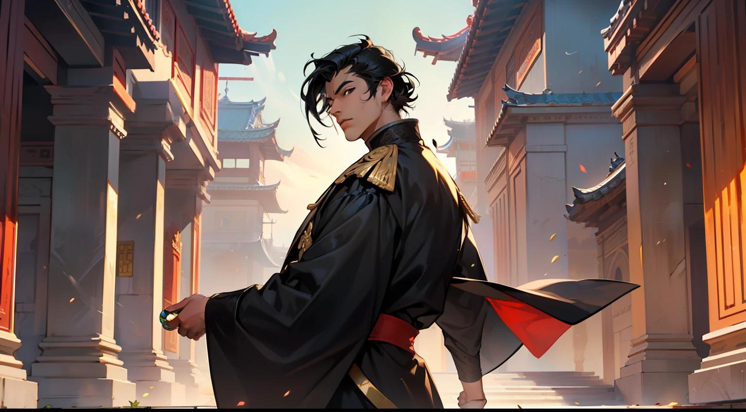 13. (The boy, with (((Black hair))), dressed in a black coat, his kingly air and outstanding demeanor intact, moves quickly forward, his face changing dramatically) (Background: A magnificent ancient imperial palace, resplendent with gold and jade).