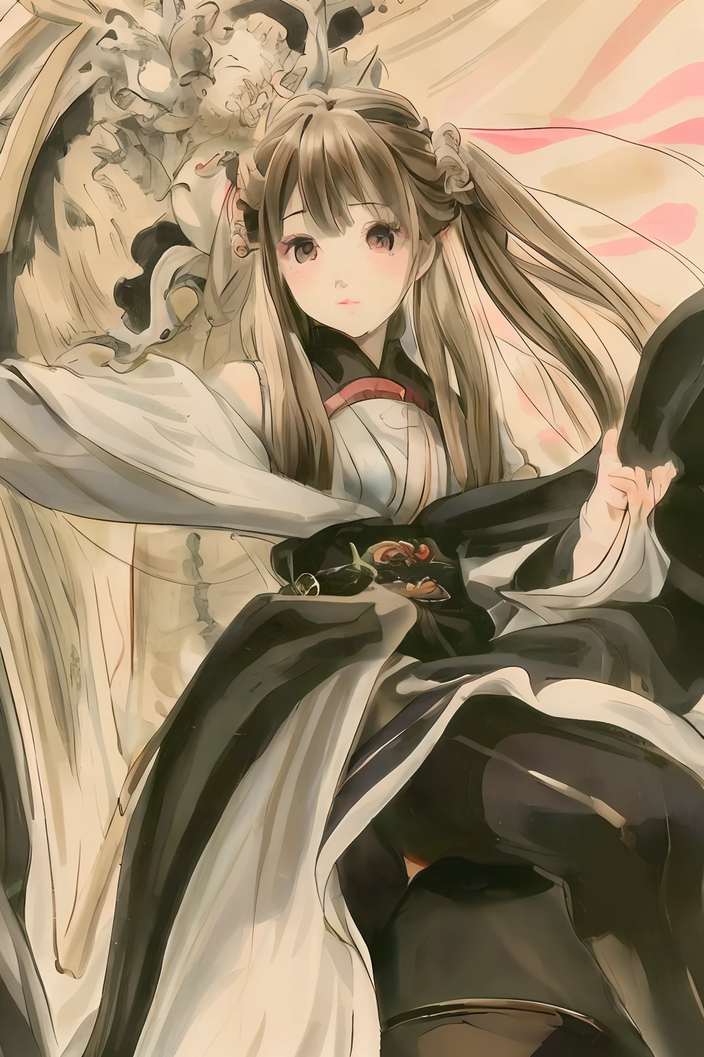 A girl with,Skin highlight,The texture is strong,Close-up of people,Black hair,Fluffy hair,Hanfu,Streamers,flowy,Flowing ink,Spread out energy,Riding a Chinese dragon,Landscape waterfall in background,Global illumination,nakeness,Black stockings
Rich in detail