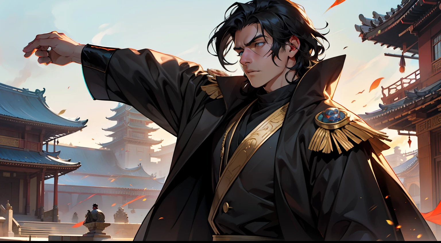 13. (The boy, with (((Black hair))), dressed in a black coat, his kingly air and outstanding demeanor intact, moves quickly forward, his face changing dramatically) (Background: A magnificent ancient imperial palace, resplendent with gold and jade).