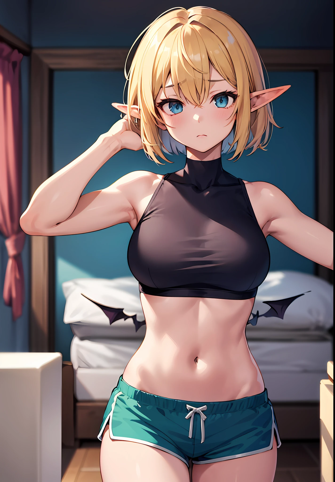 tmasterpiece，high high quality，1girl big breasts，solo，hugetits，bob-cut hair，inside room，（A half body：Above thighs），（hair between eye），（Hairstyles：Elf short hair），Bat wings，Disappointed face，looking looking at viewer，(Upper body shorts，upshorts，Crop topping）