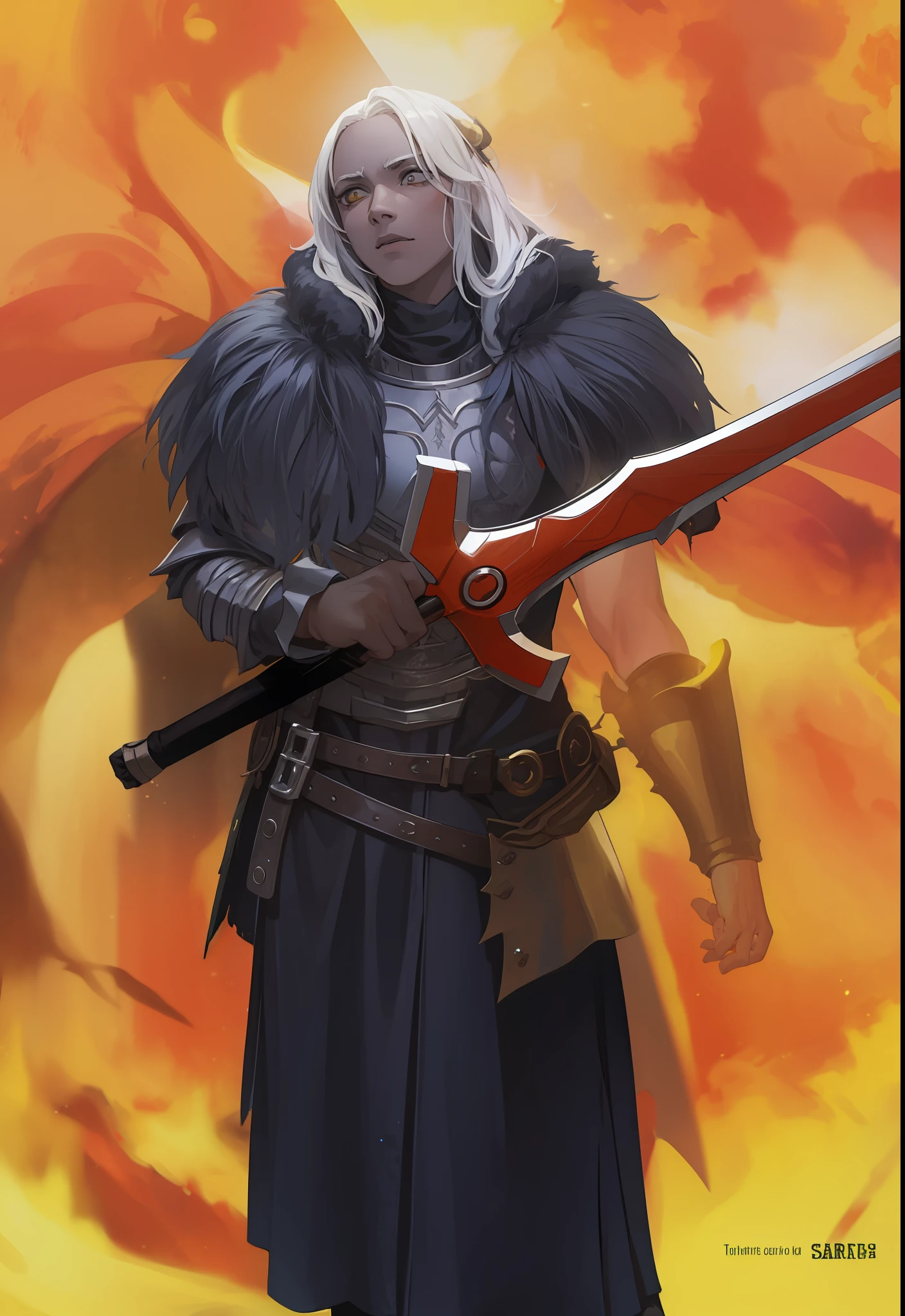 Masculino, pele negra, olhos amarelo,4k,no meio do fogo, Dark kingth armor Full body, Dark fantasy, segurando uma espada,tons de calor