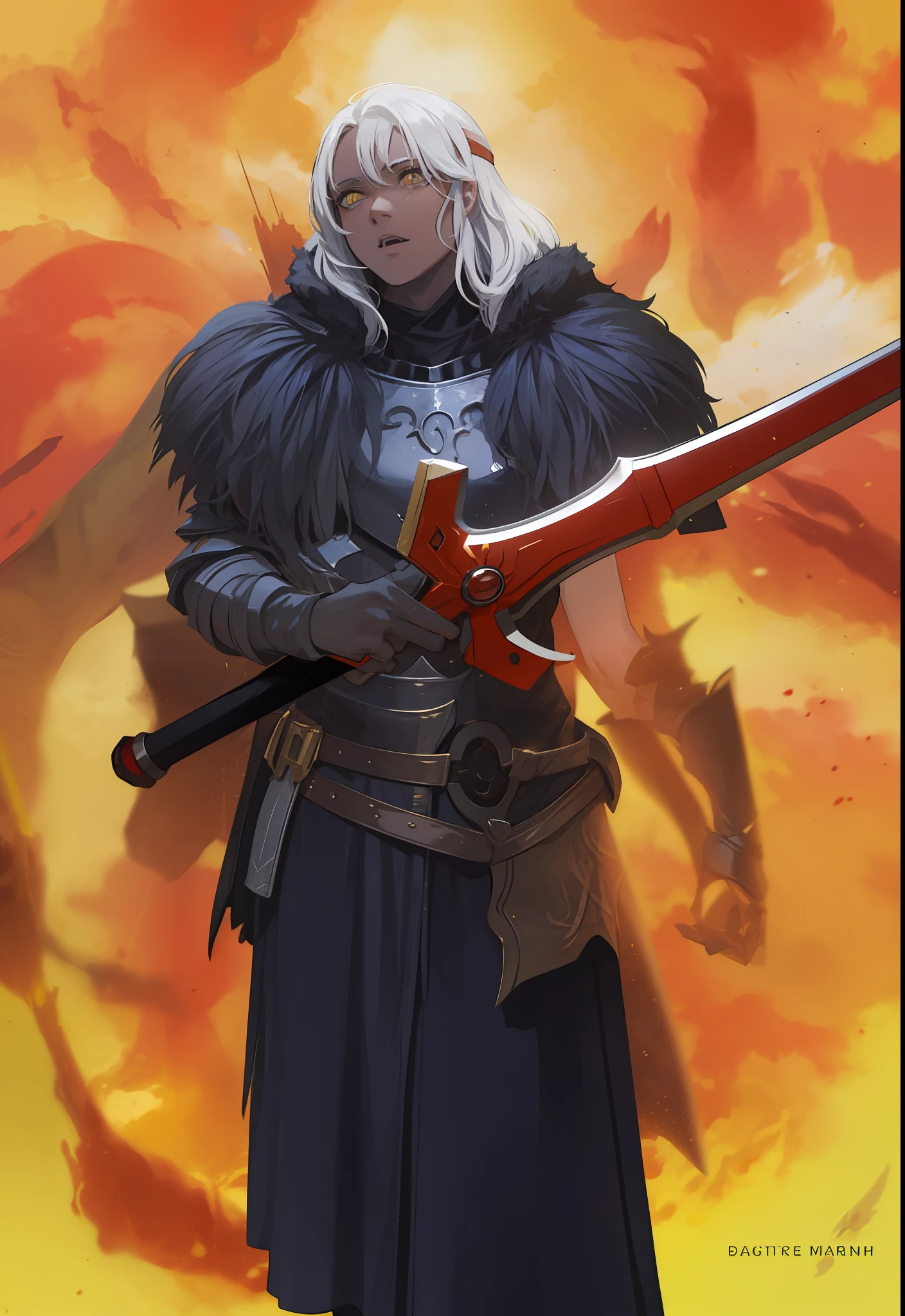 Masculino, pele negra, olhos amarelo,4k,no meio do fogo, Dark kingth armor Full body, Dark fantasy, segurando uma espada,tons de calor