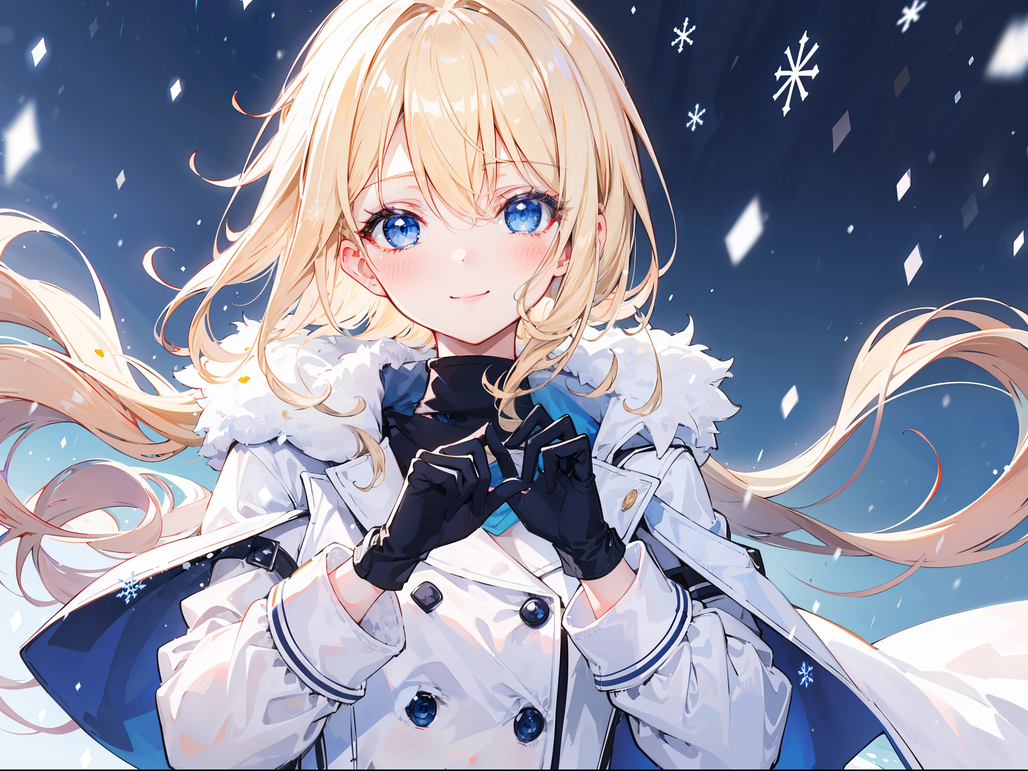 "Clam raining snow atmosphere, stunning 4k artwork featuring a confident cute girl long flowing vibrant light-blonde tied hair. Her eyes glowing blue. She sat happily and she have super cute smile and blush, she was wearing a white snow modern coat and cute gloves"