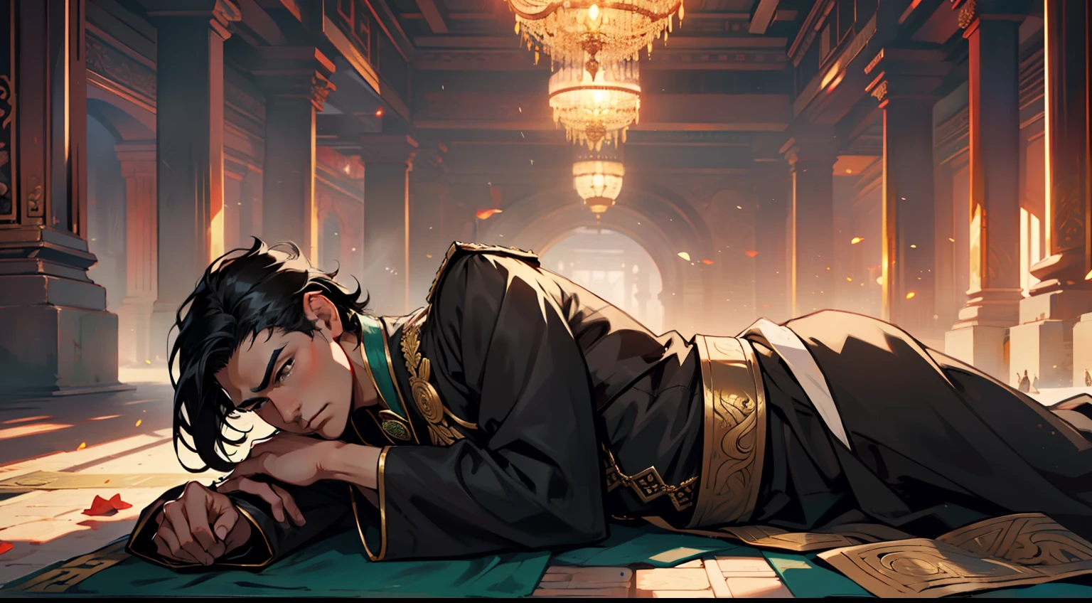 16. (The boy, with (((Black hair))), dressed in a black coat, his kingly air and outstanding demeanor intact, lies on the ground) (Background: A magnificent ancient imperial palace, resplendent with gold and jade).