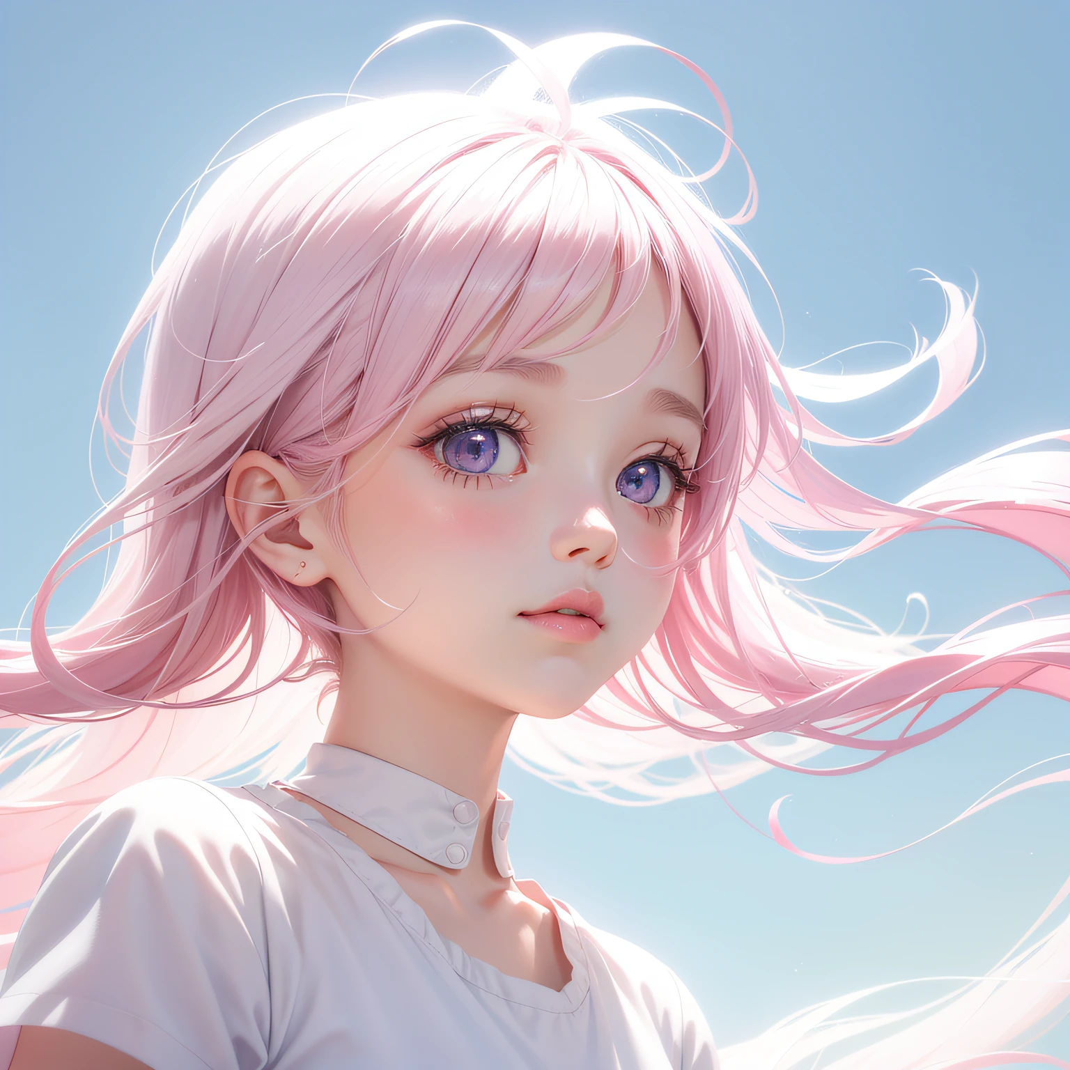 tmasterpiece，best quailty，cine still，Focus on female subjects,((Absolutely beautiful)),pink  hair,Dark green eyes,white  clothes,A half body，floating in sky，Cloud Girl，​​clouds(close-up1.1)，brightly，cheerfulness，intriguing，gentlesoftlighting，(bauhause,shape，lineworks，abstracted:1.1) --auto