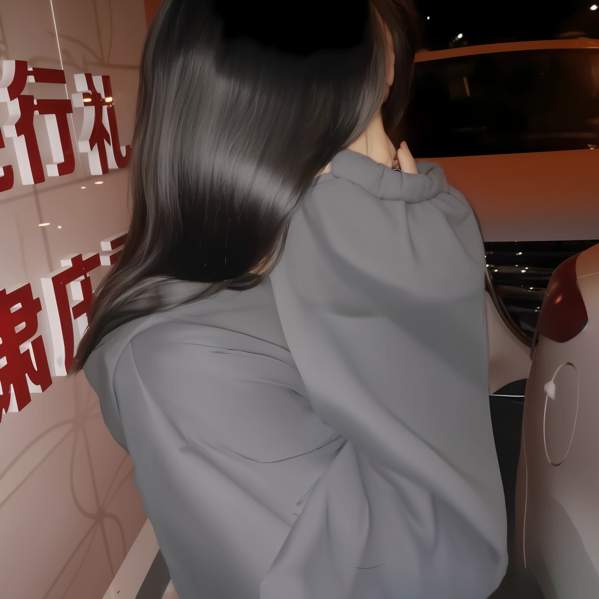 there is a woman talking on a cell phone in front of a wall, black haired girl wearing hoodie, Gray hoodie, Gray color, girl wearing hoodie, wearing sweatshirt, wearing hoodie, candid, Gray hoodie, head turned to the side, gray sweaters, wearing an oversized hoodie, the sideview, 19-year-old girls, over the shoulder