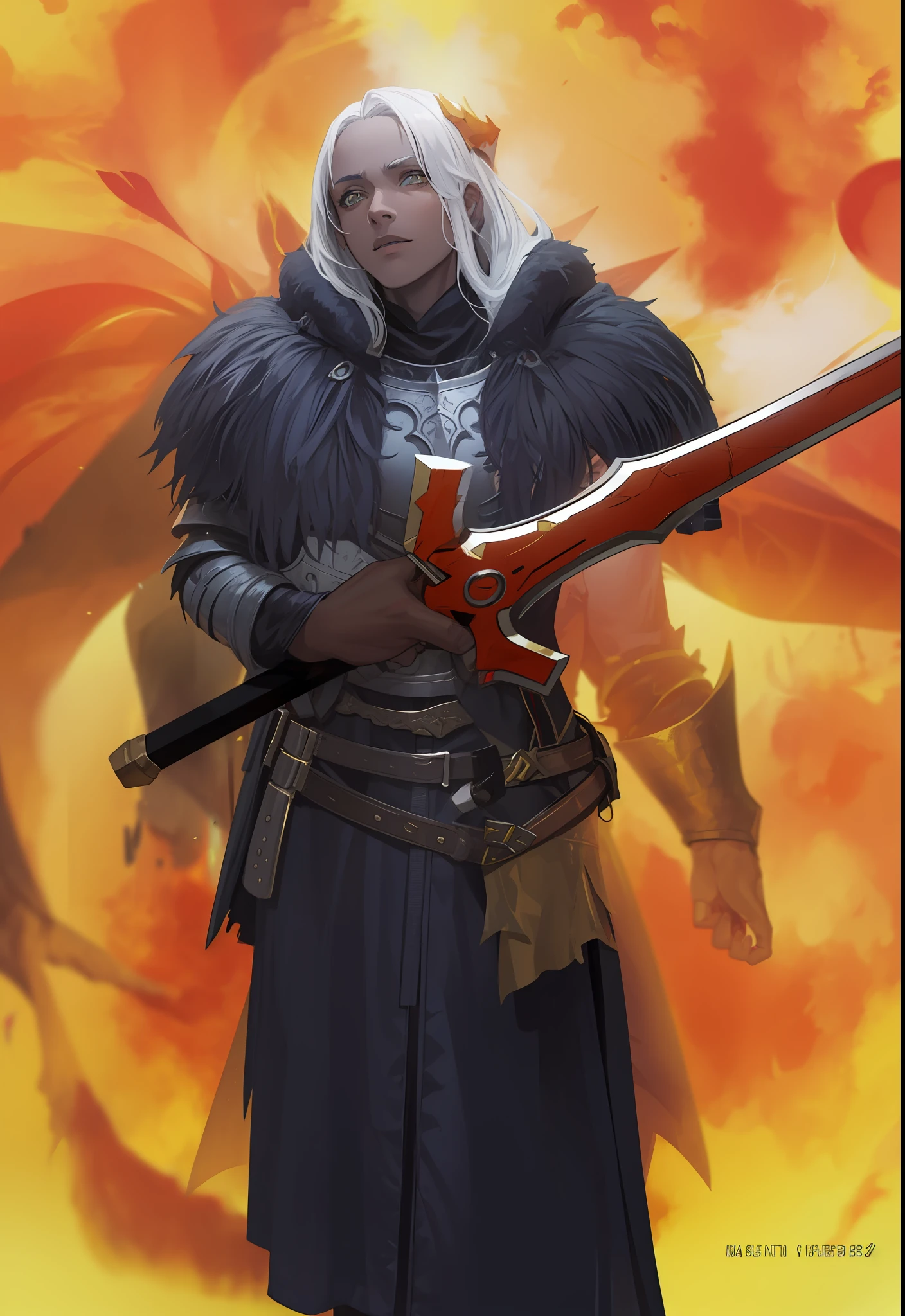 Masculino, pele negra, olhos amarelo,4k,no meio do fogo, Dark kingth armor Full body, Dark fantasy, segurando uma espada,tons de calor