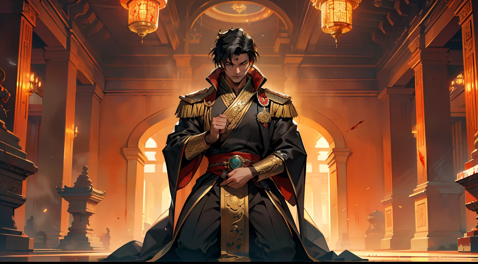 17. (As the temperature in the hall drops rapidly to freezing point, the boy, with (((Black hair))), dressed in a black coat, his kingly air and outstanding demeanor intact, spits blood and kneels down in the dust once again) (Background: A magnificent ancient imperial palace, resplendent with gold and jade).