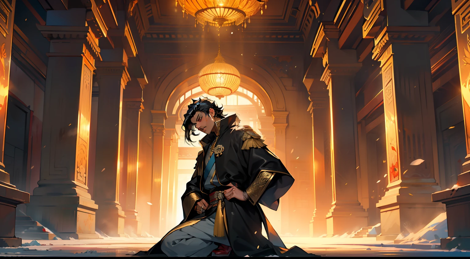 17. (As the temperature in the hall drops rapidly to freezing point, the boy, with (((Black hair))), dressed in a black coat, his kingly air and outstanding demeanor intact, spits blood and kneels down in the dust once again) (Background: A magnificent ancient imperial palace, resplendent with gold and jade).