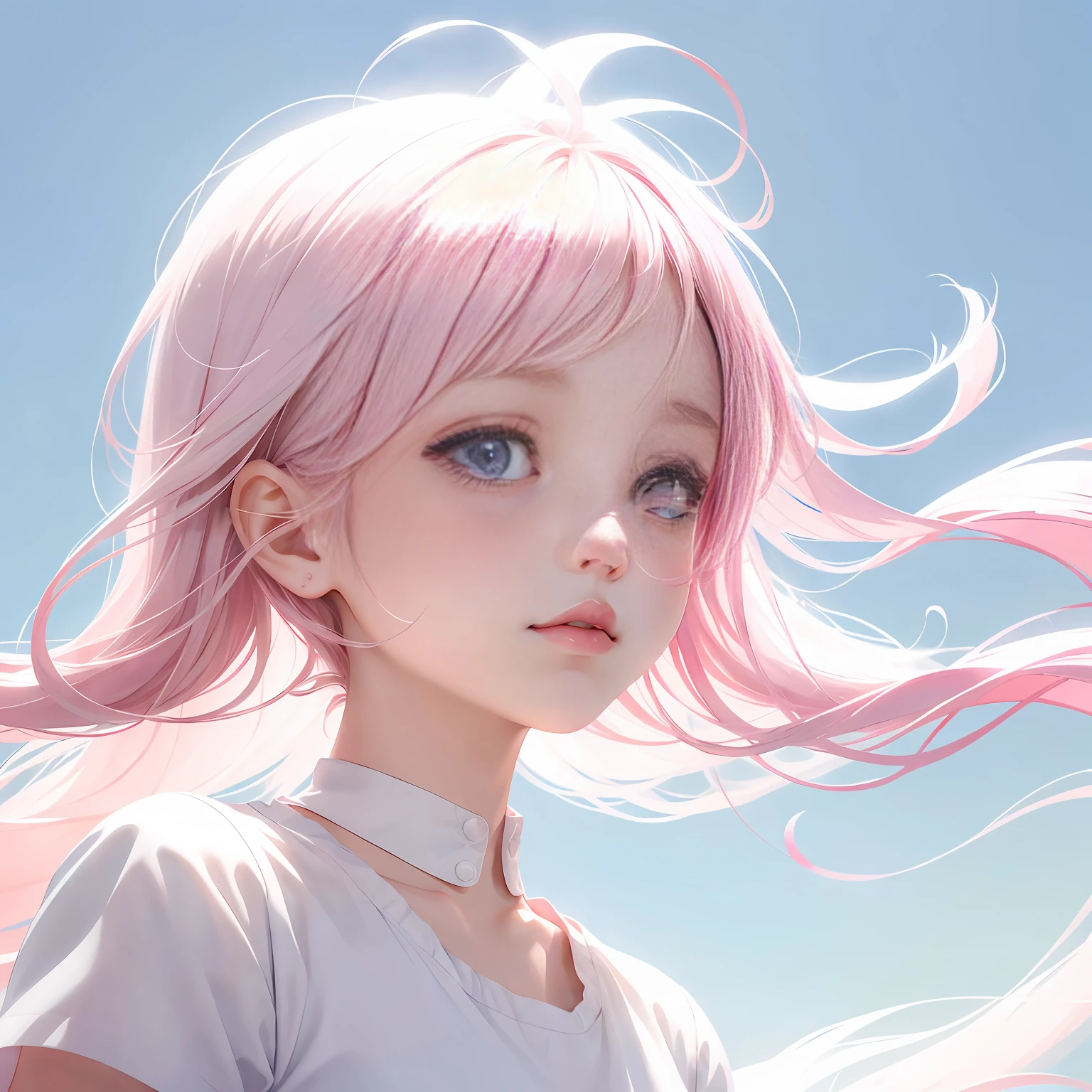tmasterpiece，best quailty，cine still，Focus on female subjects,((Absolutely beautiful)),pink  hair,Dark green eyes,white  clothes,A half body，floating in sky，Cloud Girl，​​clouds(close-up1.1)，brightly，cheerfulness，intriguing，gentlesoftlighting，(bauhause,shape，lineworks，abstracted:1.1) --auto
